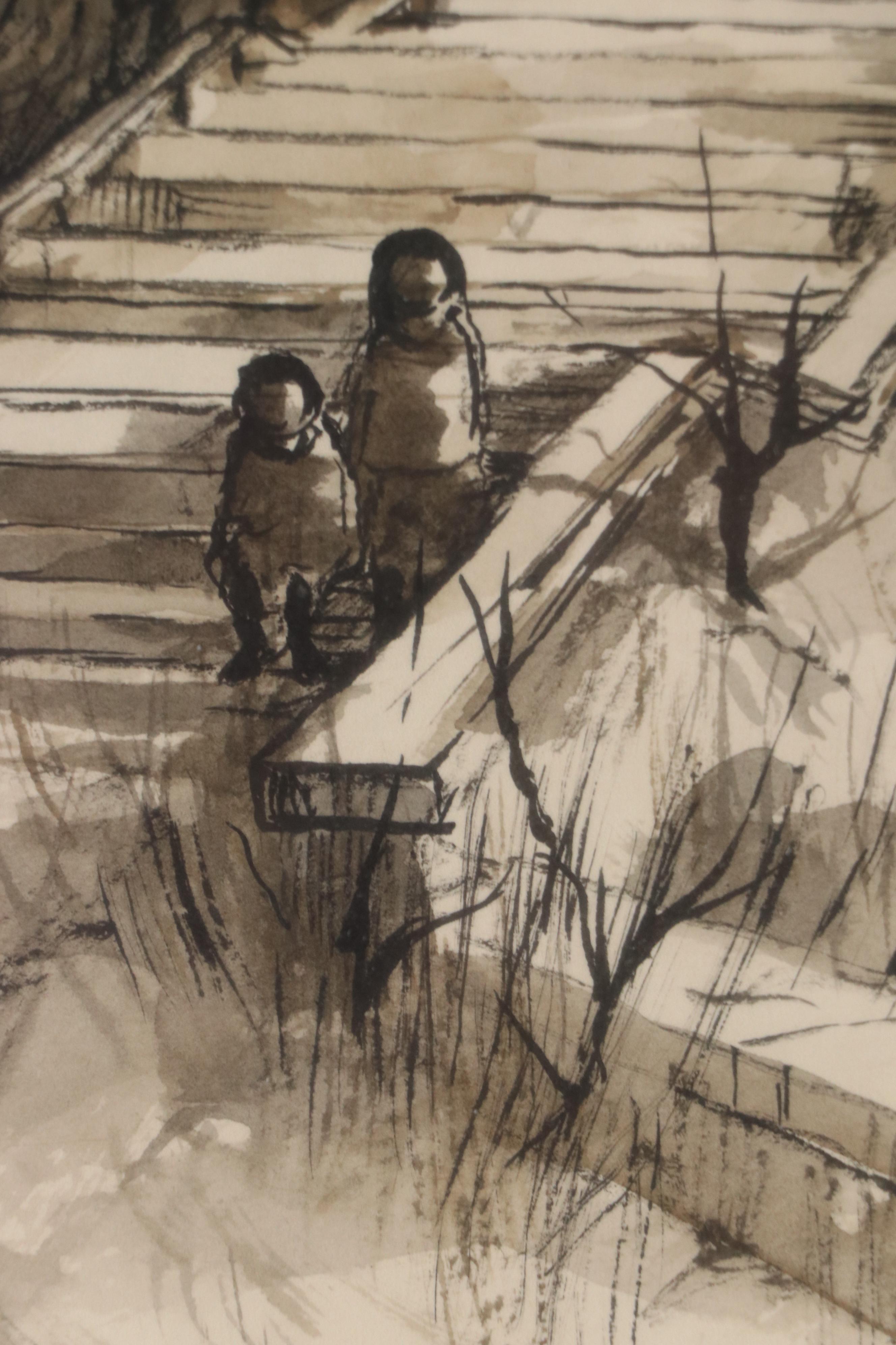 Robert Fabe Ink Drawing of Children on Steps Outside Building