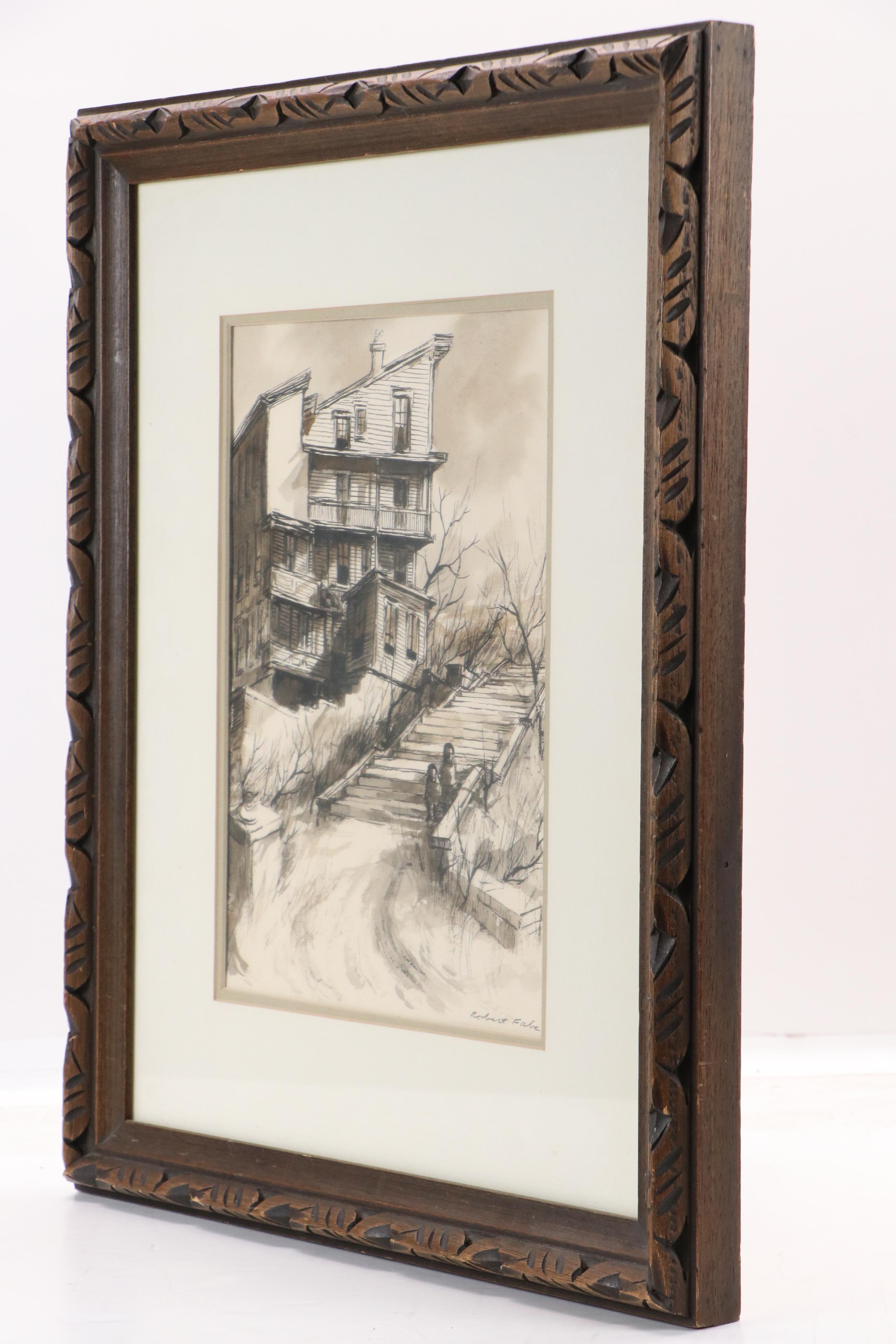 Robert Fabe Ink Drawing of Children on Steps Outside Building