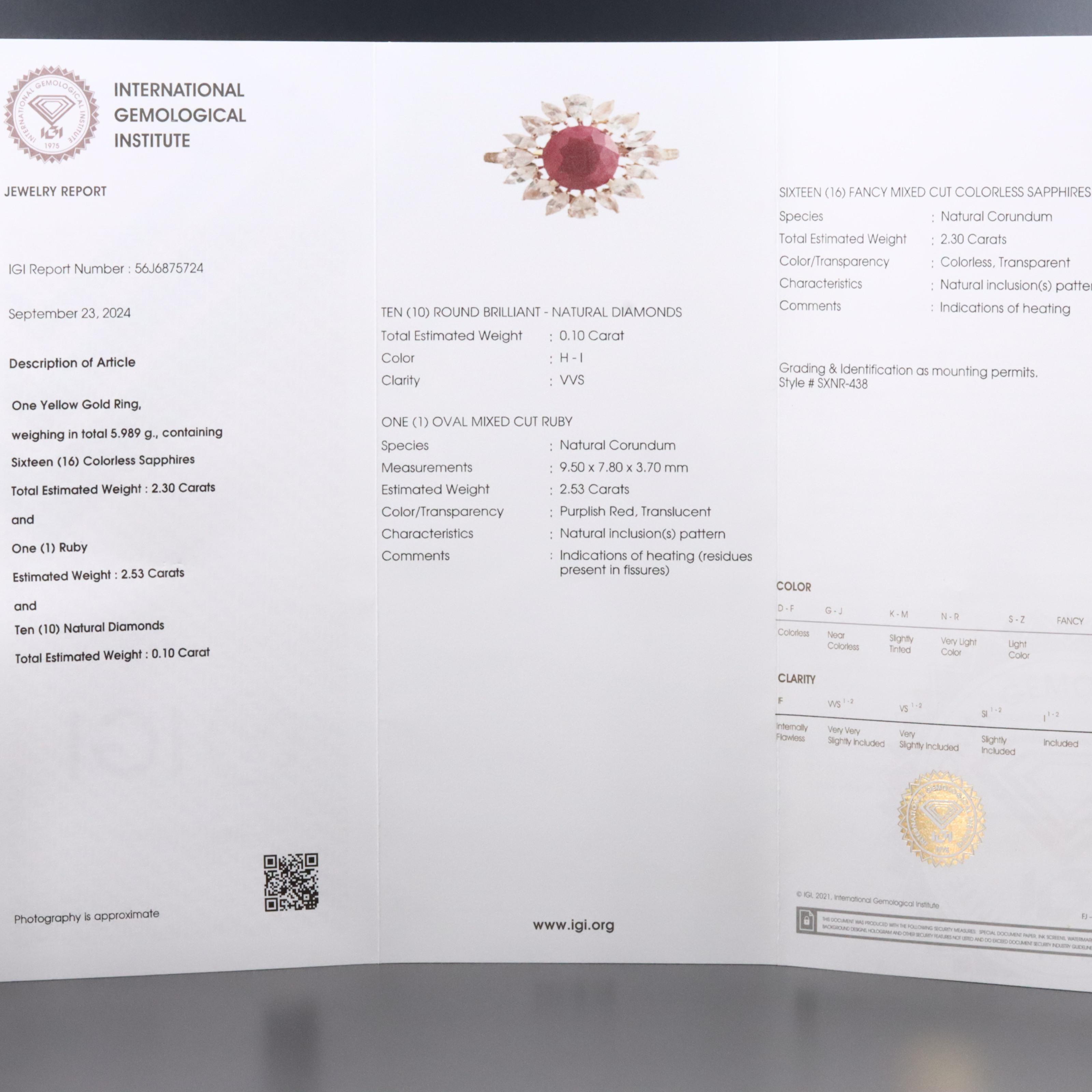 14K 2.53 CT Ruby, White Sapphire, and Diamond Ring with IGI Jewelry Report