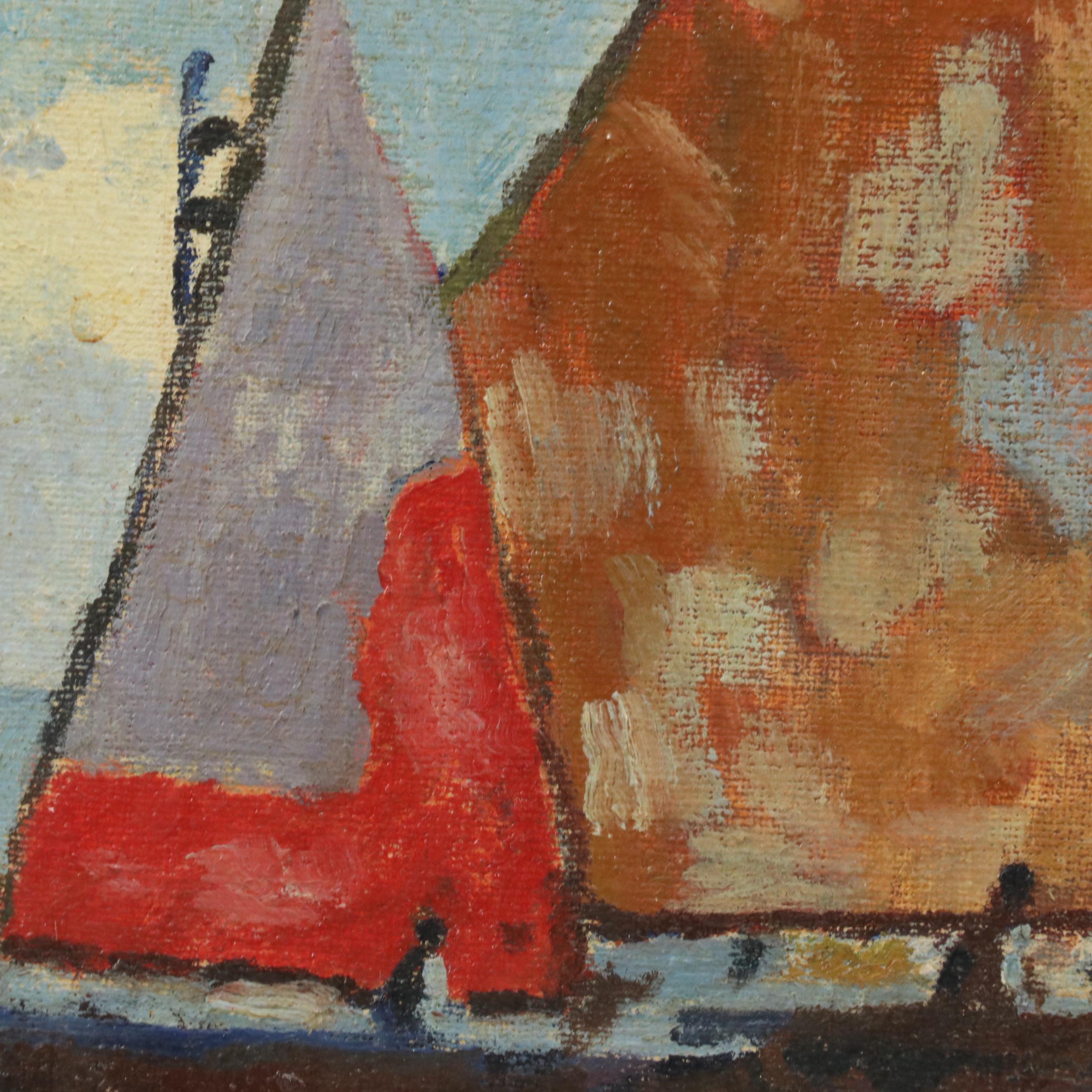 Impressionist Style Impasto Oil Painting of Colorful Sailboats in Tranquil Sea