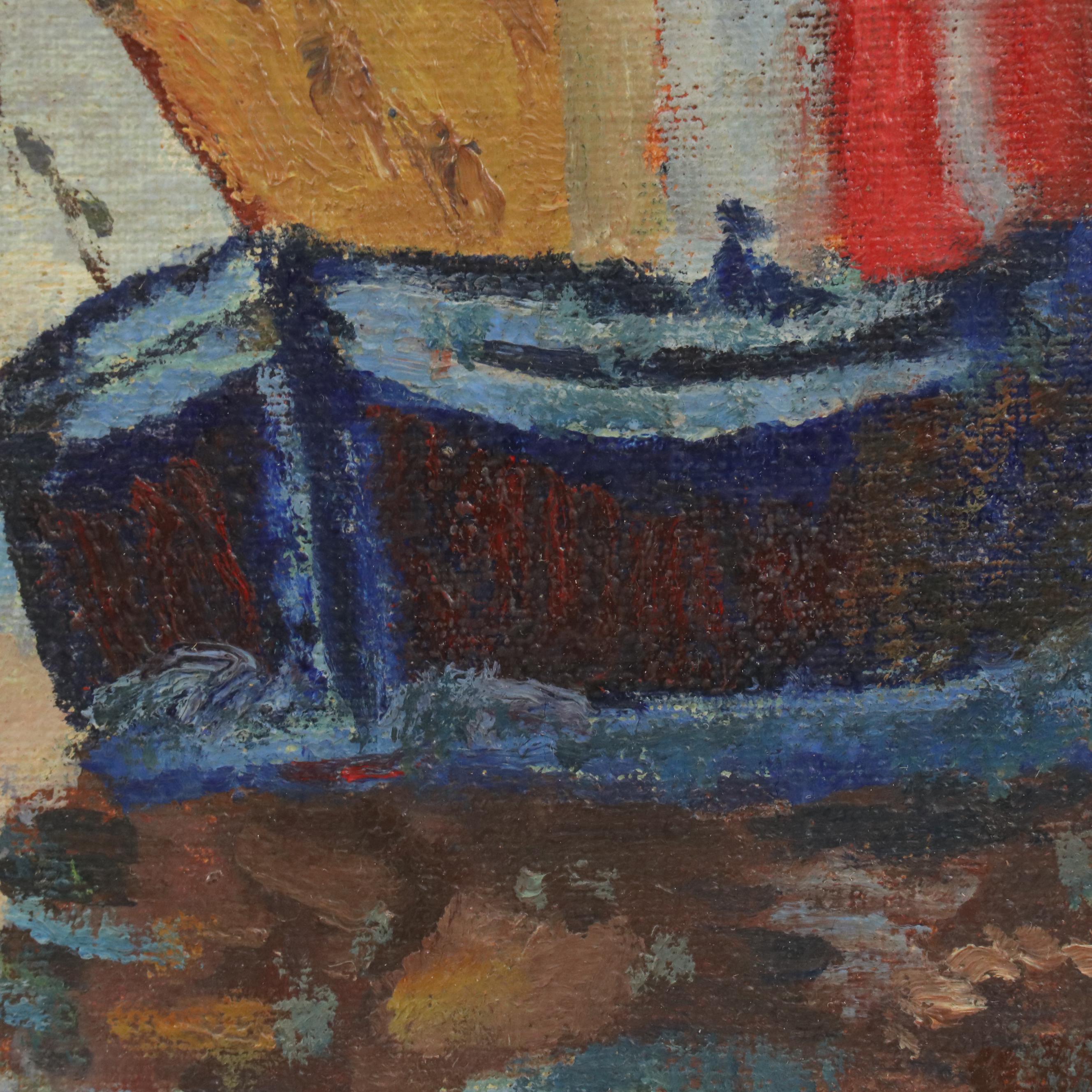 Impressionist Style Impasto Oil Painting of Colorful Sailboats in Tranquil Sea