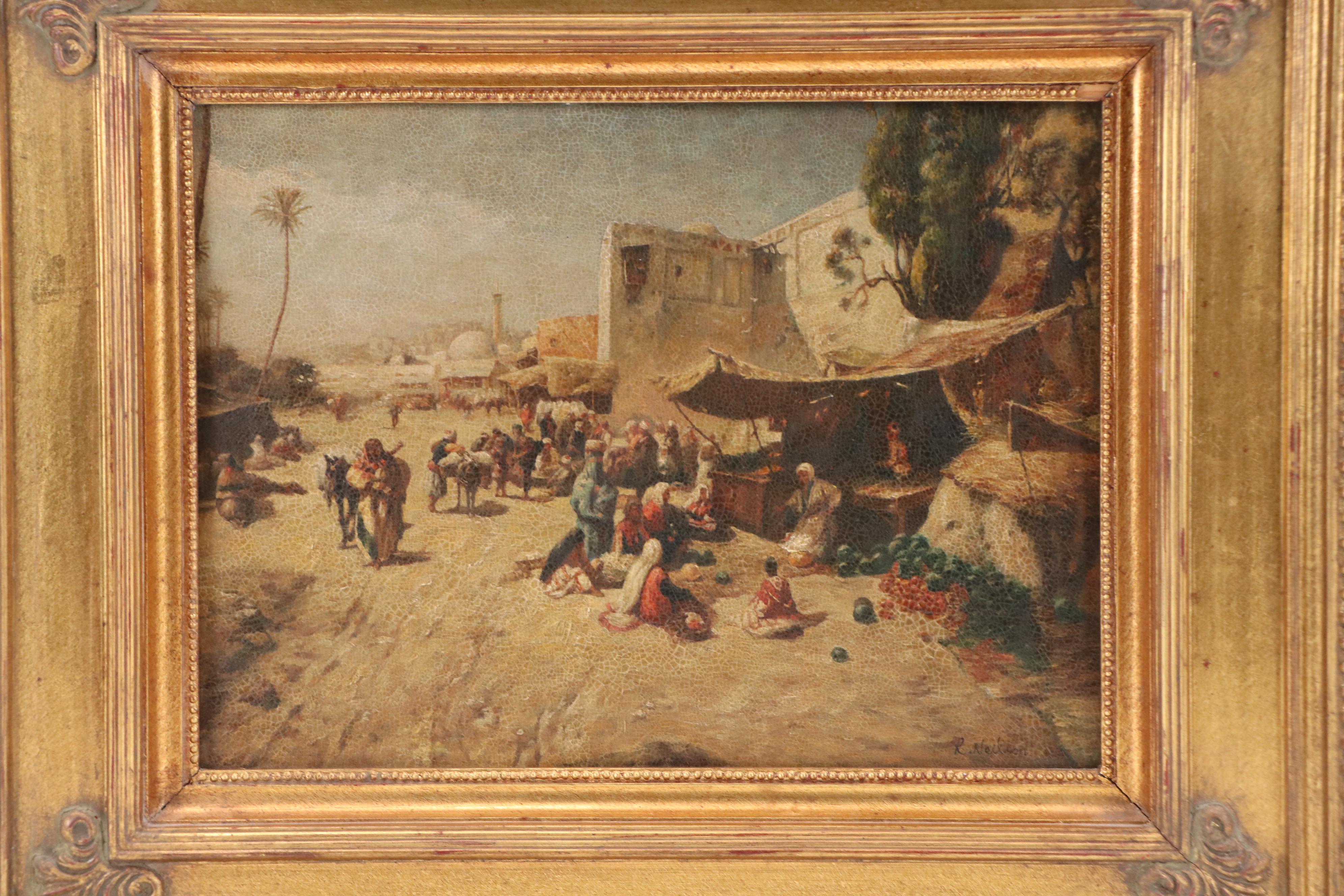Raymond Neilson Orientalist Landscape Oil on Board with Market and Storytellers