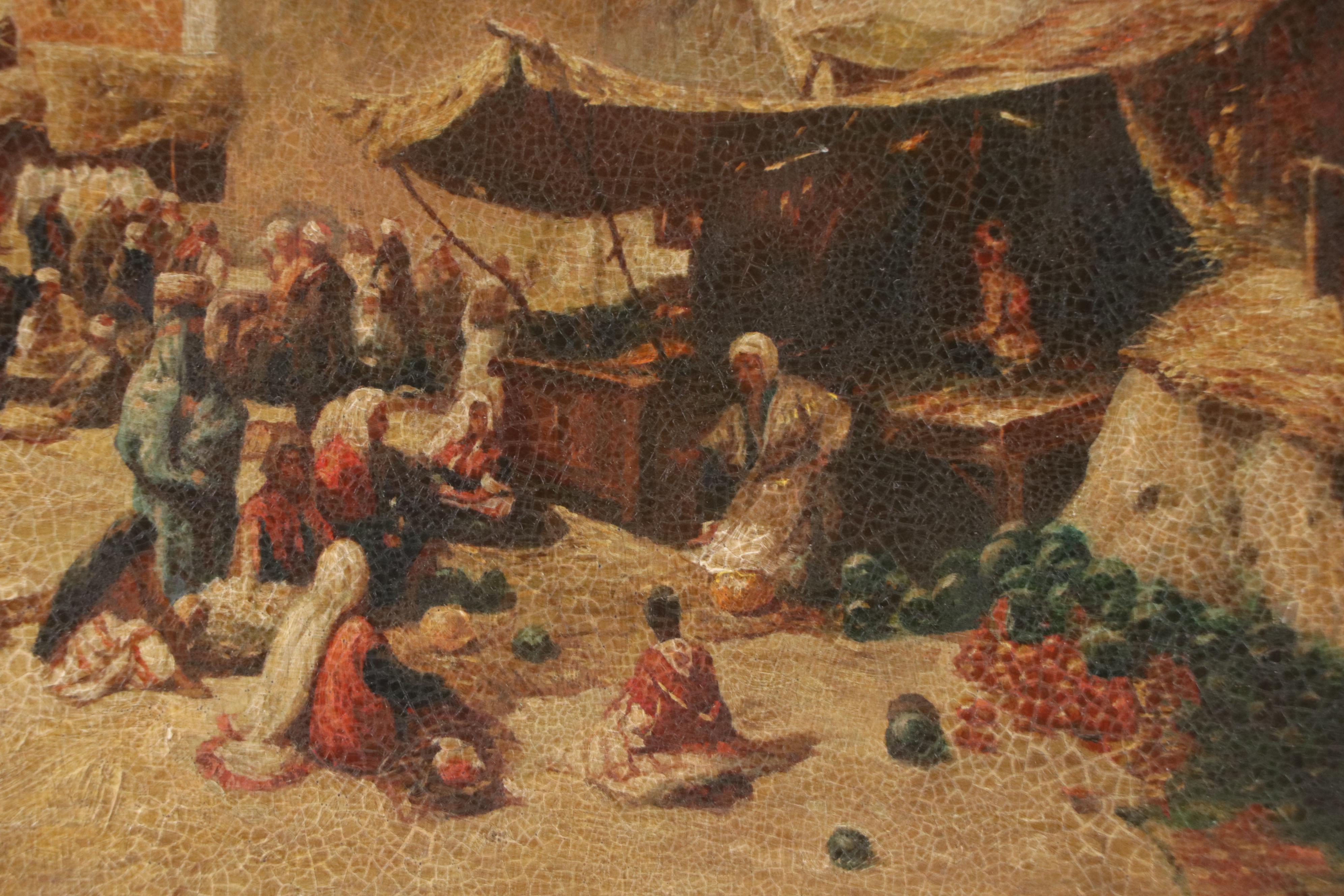 Raymond Neilson Orientalist Landscape Oil on Board with Market and Storytellers