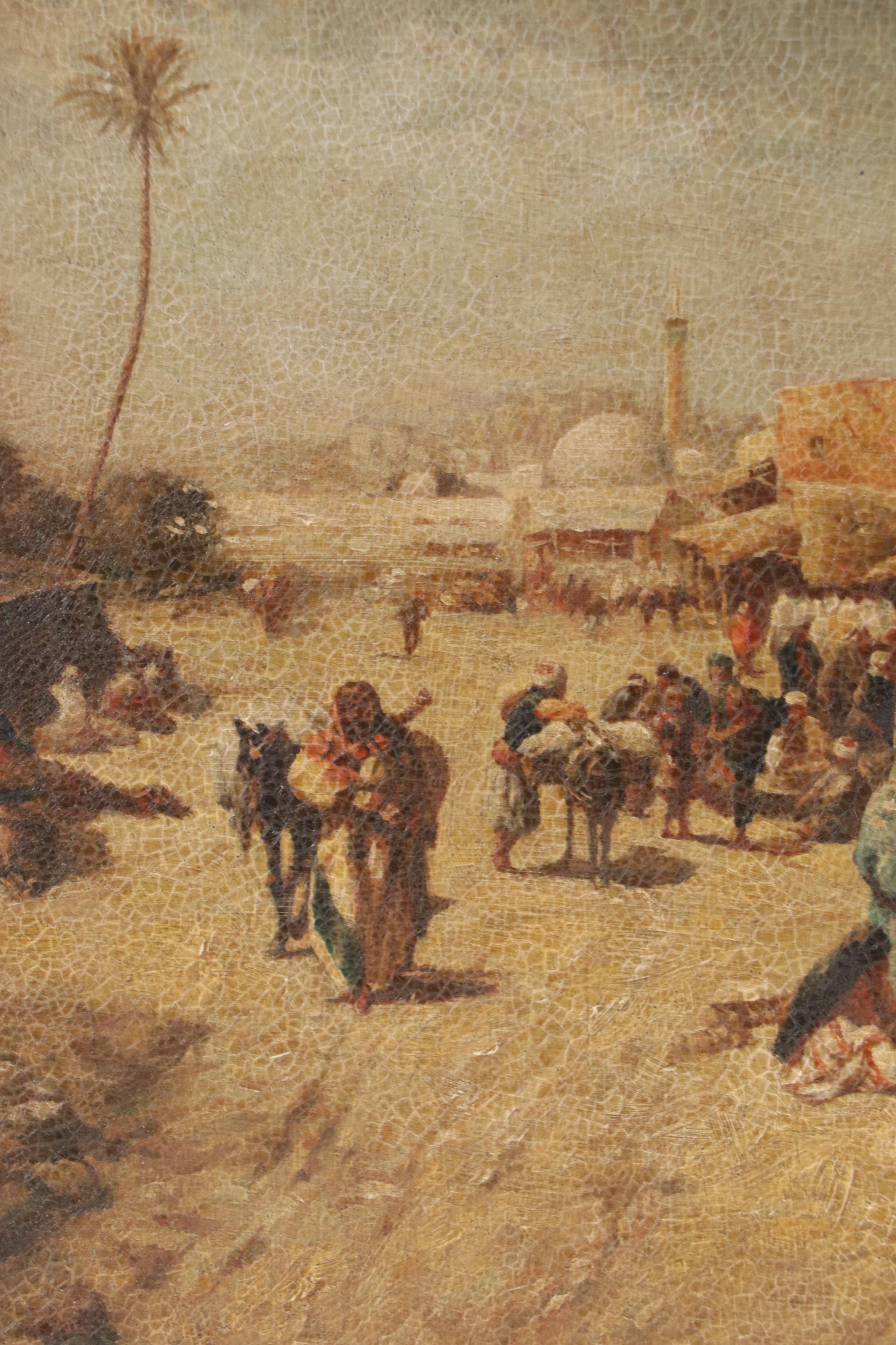 Raymond Neilson Orientalist Landscape Oil on Board with Market and Storytellers