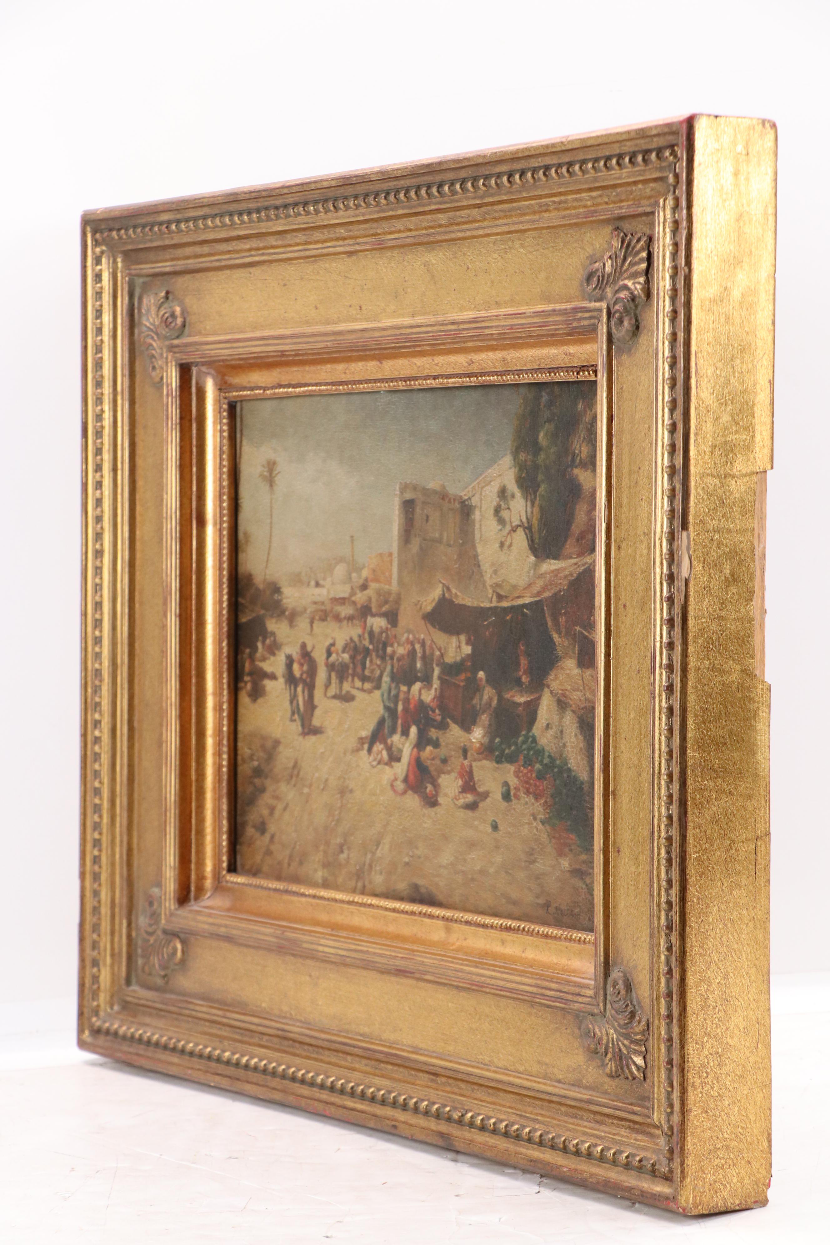 Raymond Neilson Orientalist Landscape Oil on Board with Market and Storytellers