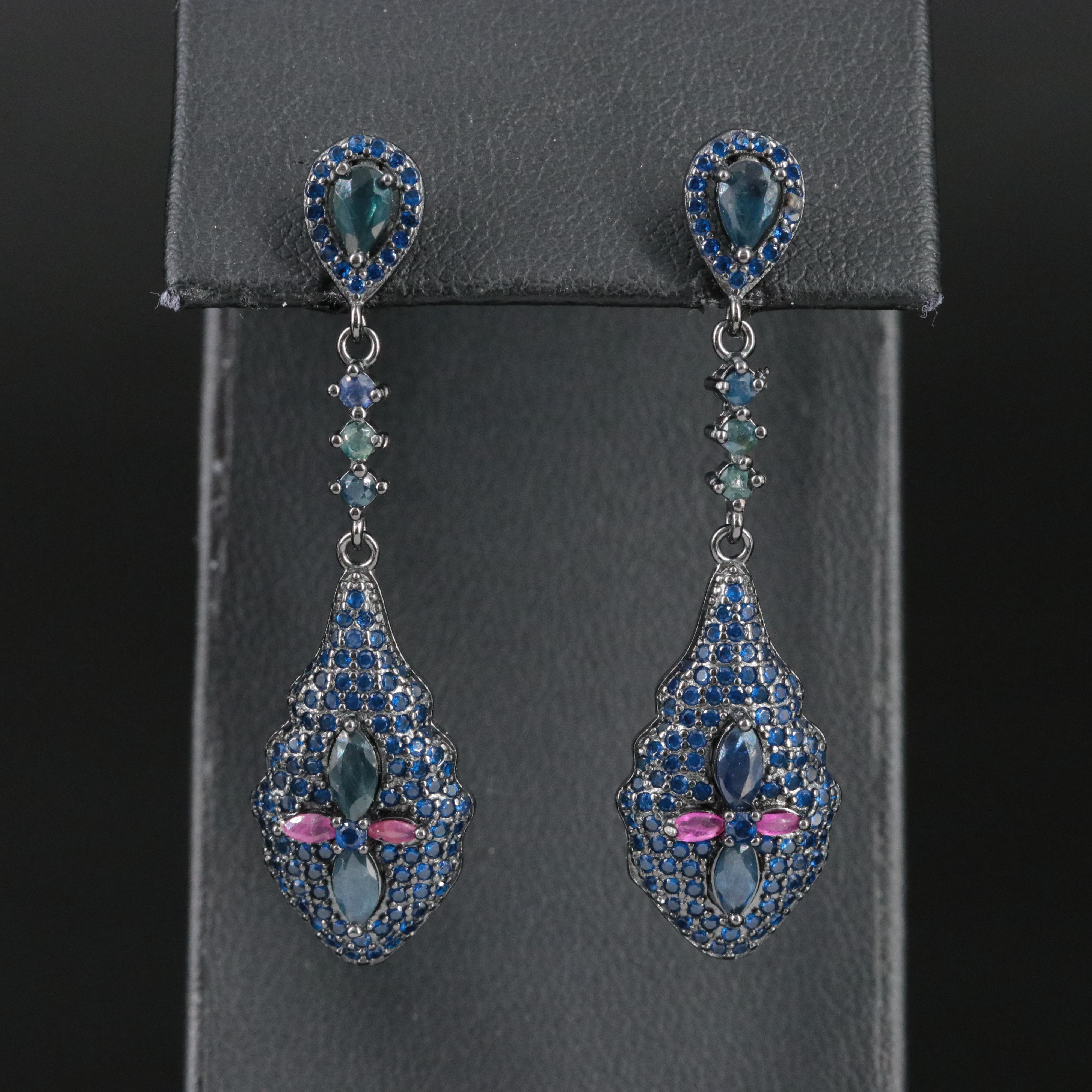 Sterling Cubic Zirconia, Sapphire and Ruby Drop Earrings with Cross Accent