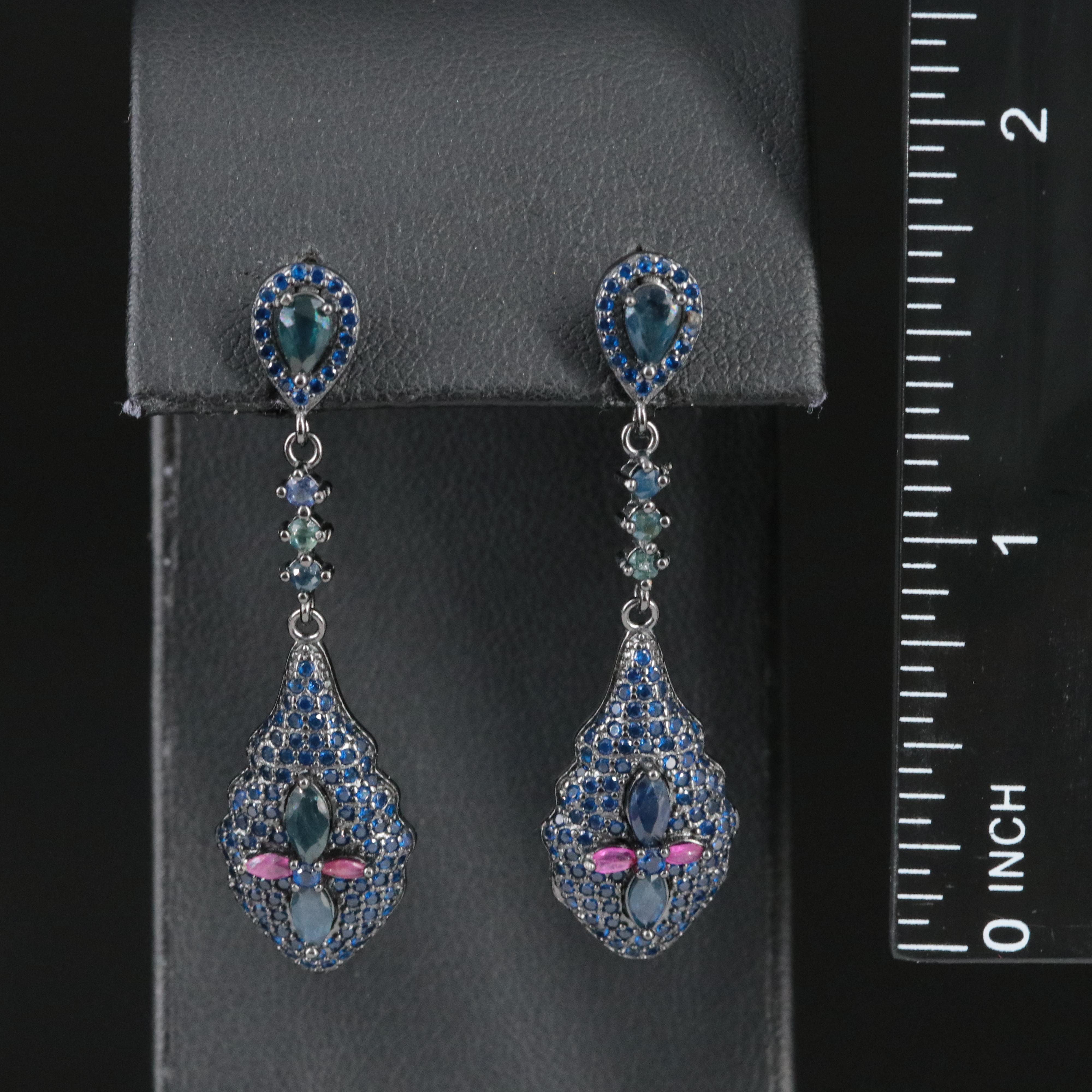 Sterling Cubic Zirconia, Sapphire and Ruby Drop Earrings with Cross Accent