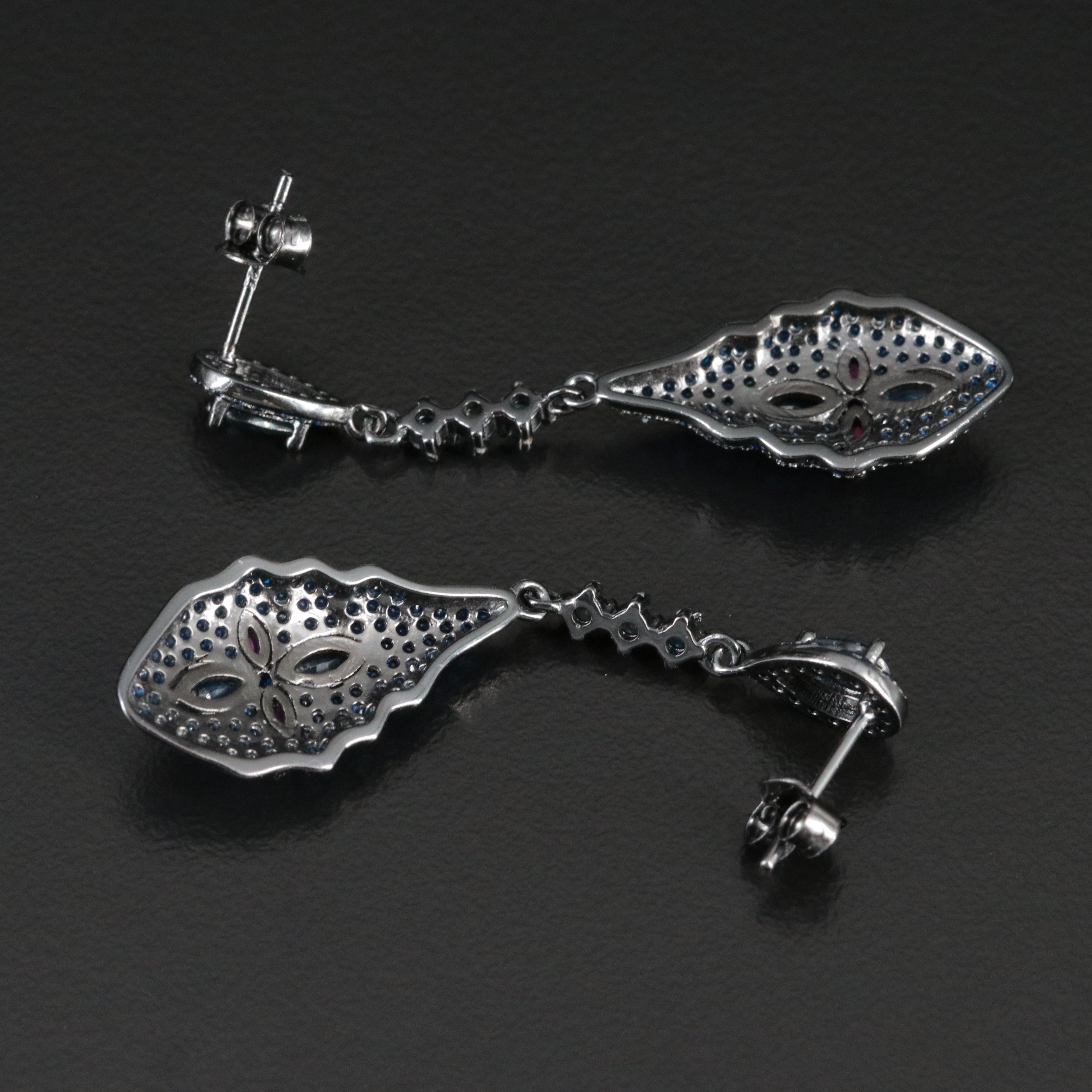 Sterling Cubic Zirconia, Sapphire and Ruby Drop Earrings with Cross Accent