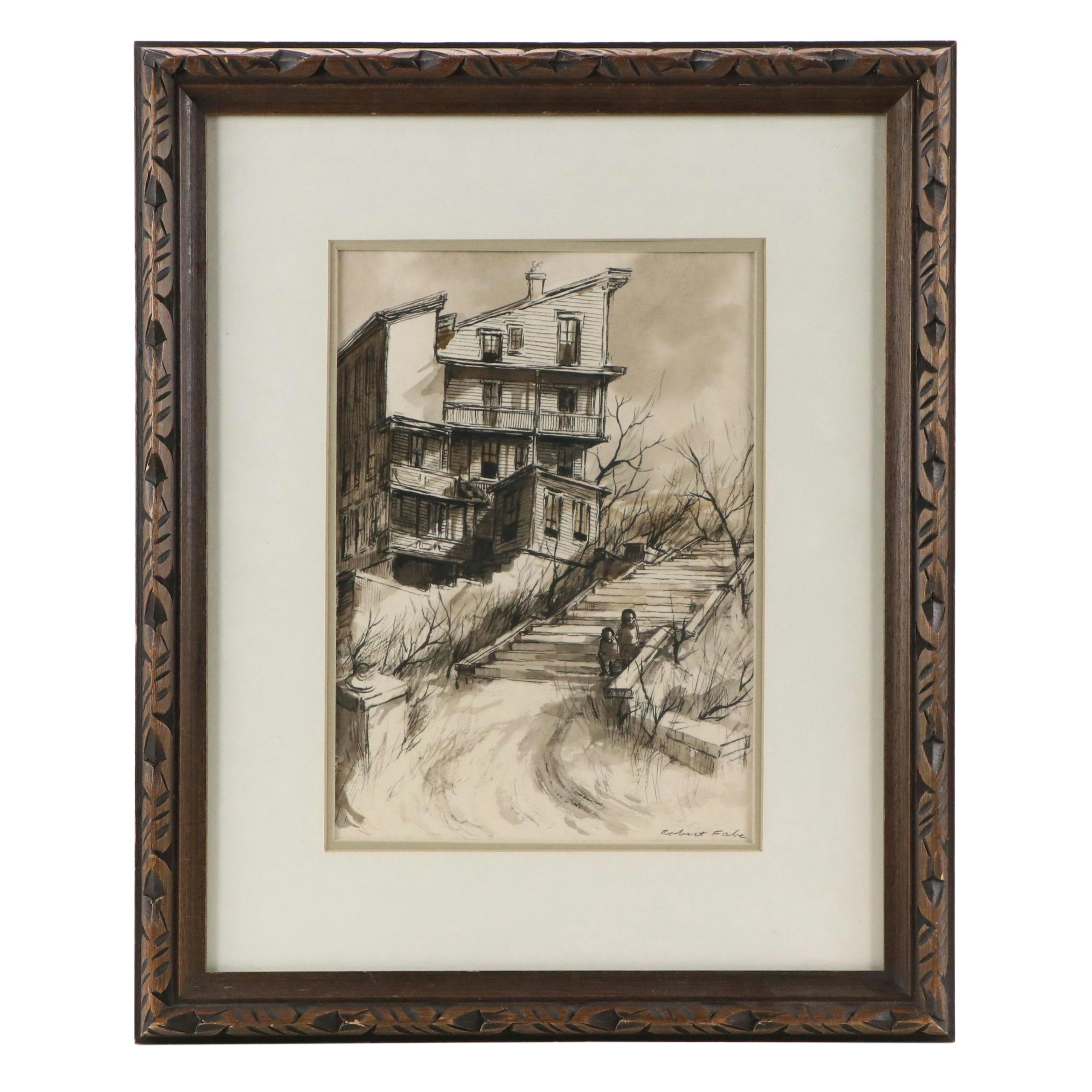 Robert Fabe Ink Drawing of Children on Steps Outside Building