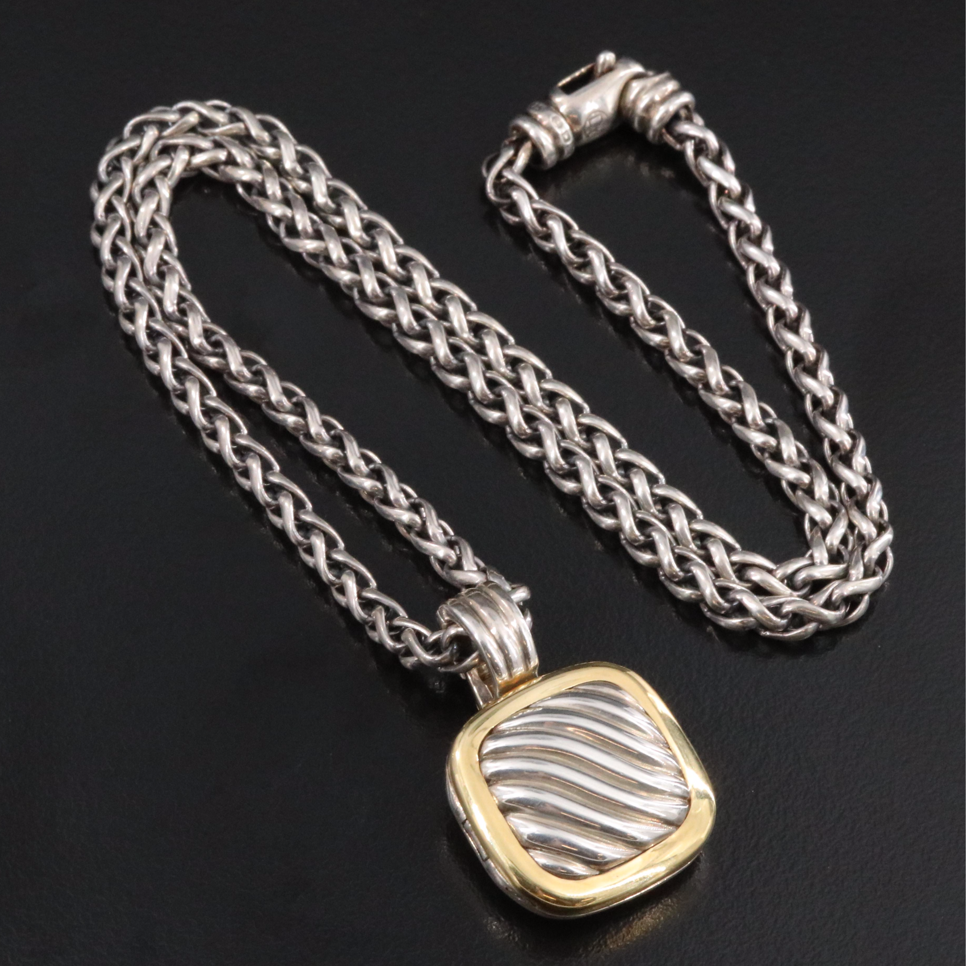 David Yurman Sterling and 18K Cable Square Locket Enhancer Necklace