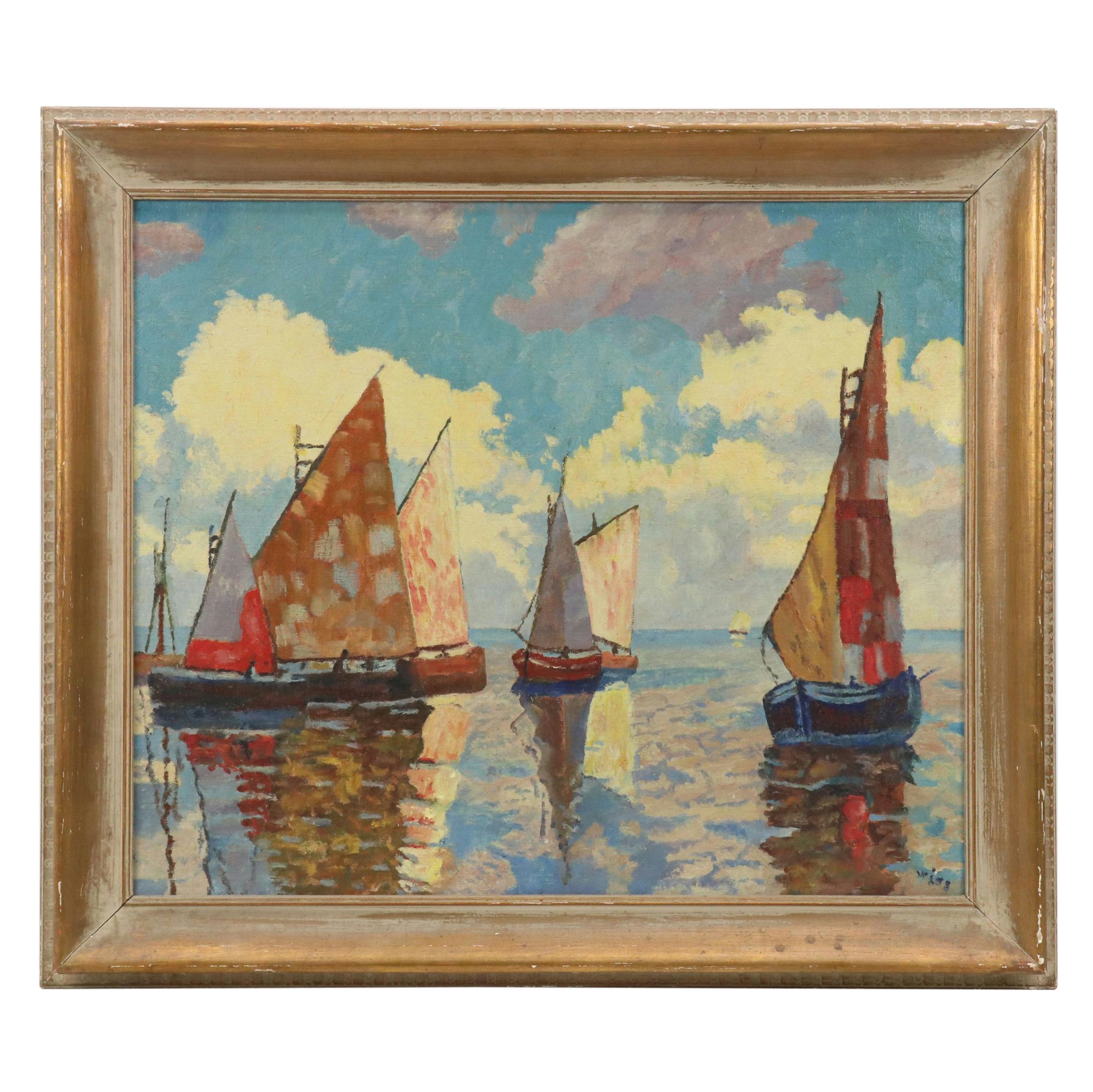 Impressionist Style Impasto Oil Painting of Colorful Sailboats in Tranquil Sea