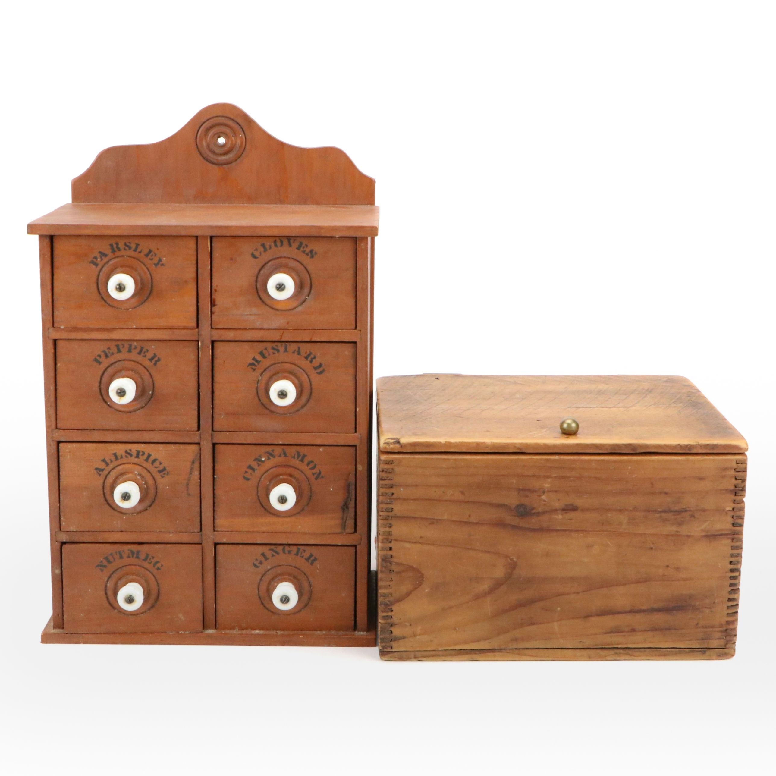 Vintage Wooden Spice Cabinet and Wooden Box