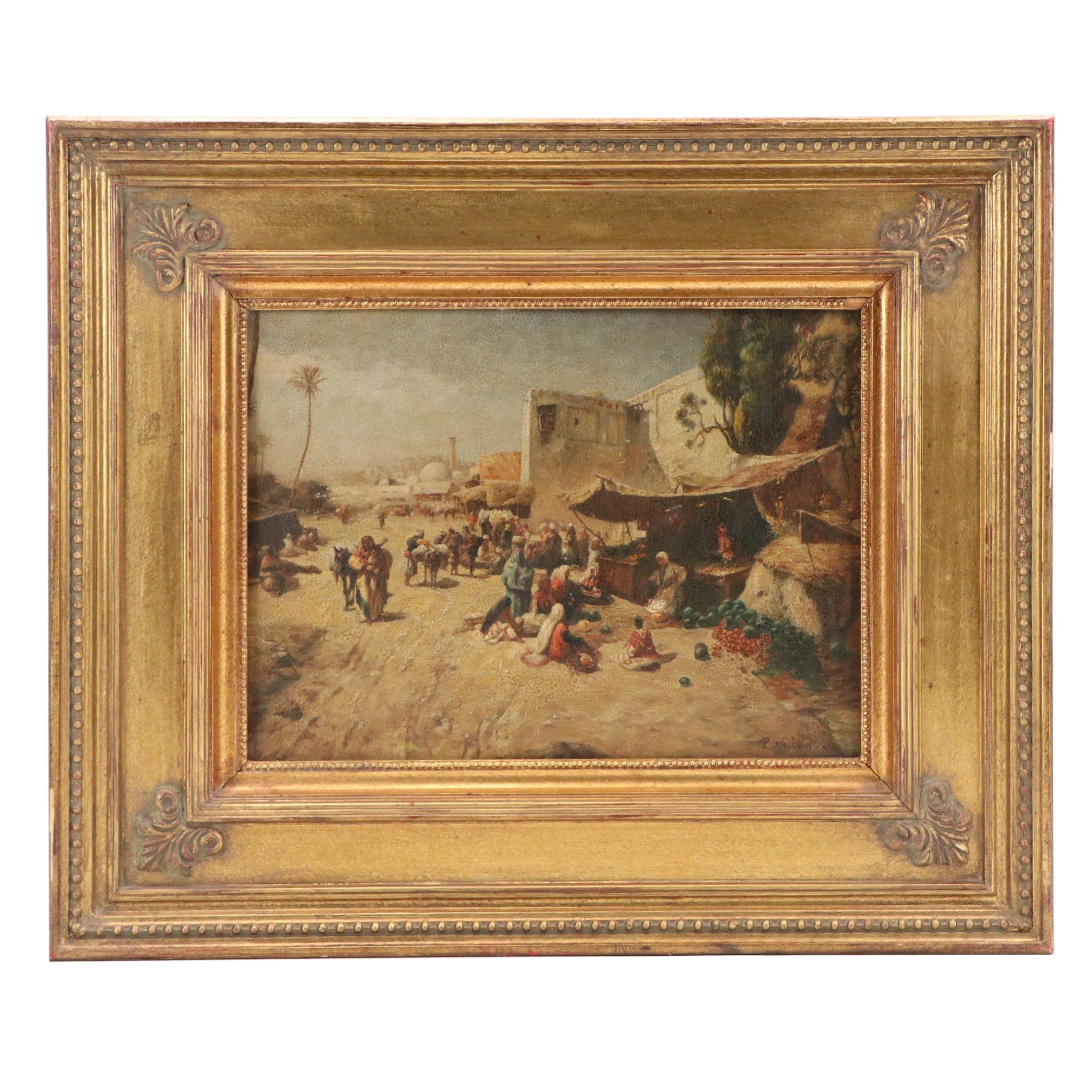 Raymond Neilson Orientalist Landscape Oil on Board with Market and Storytellers