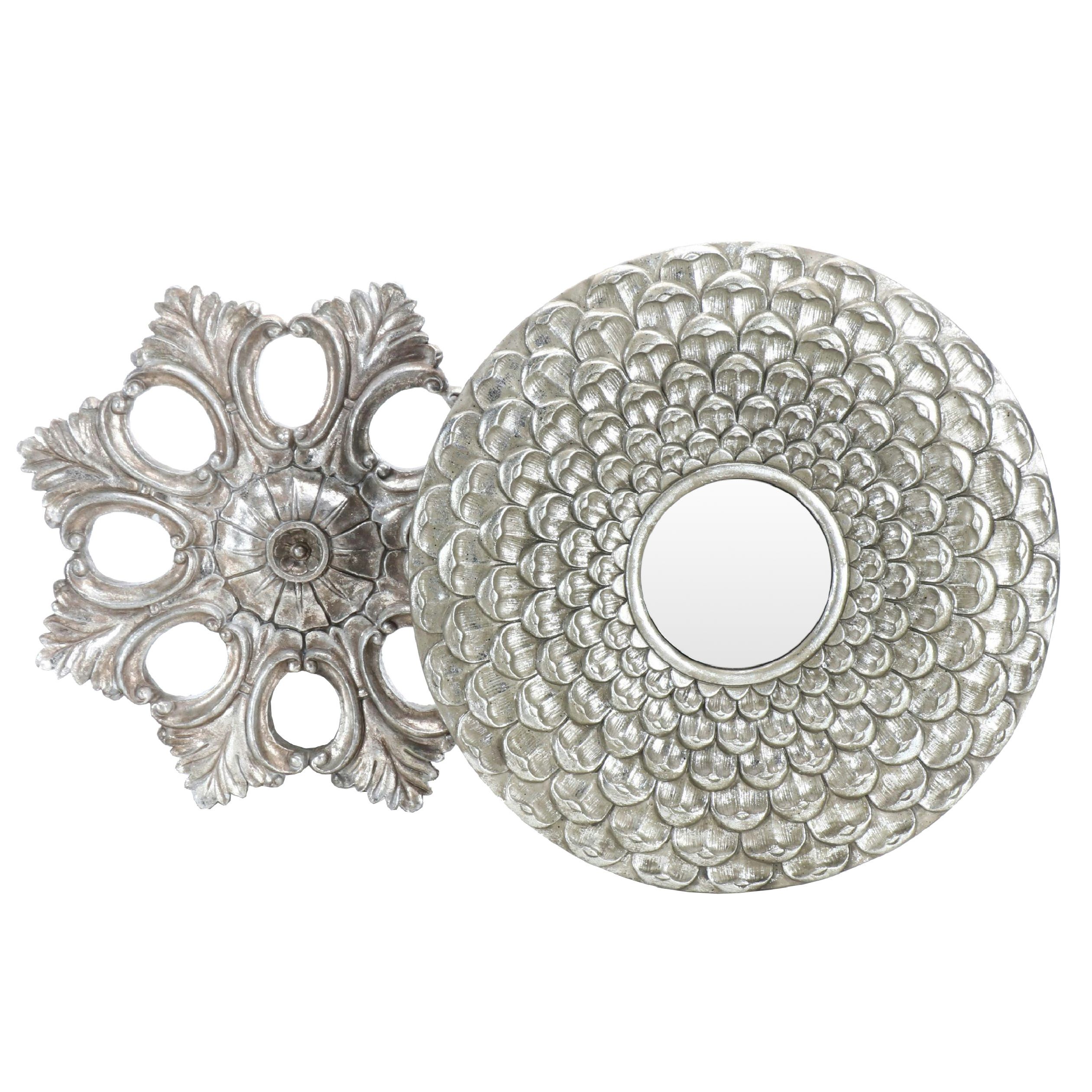 Silver Tone Wooden Round Mirror with Wooden Wall Décor
