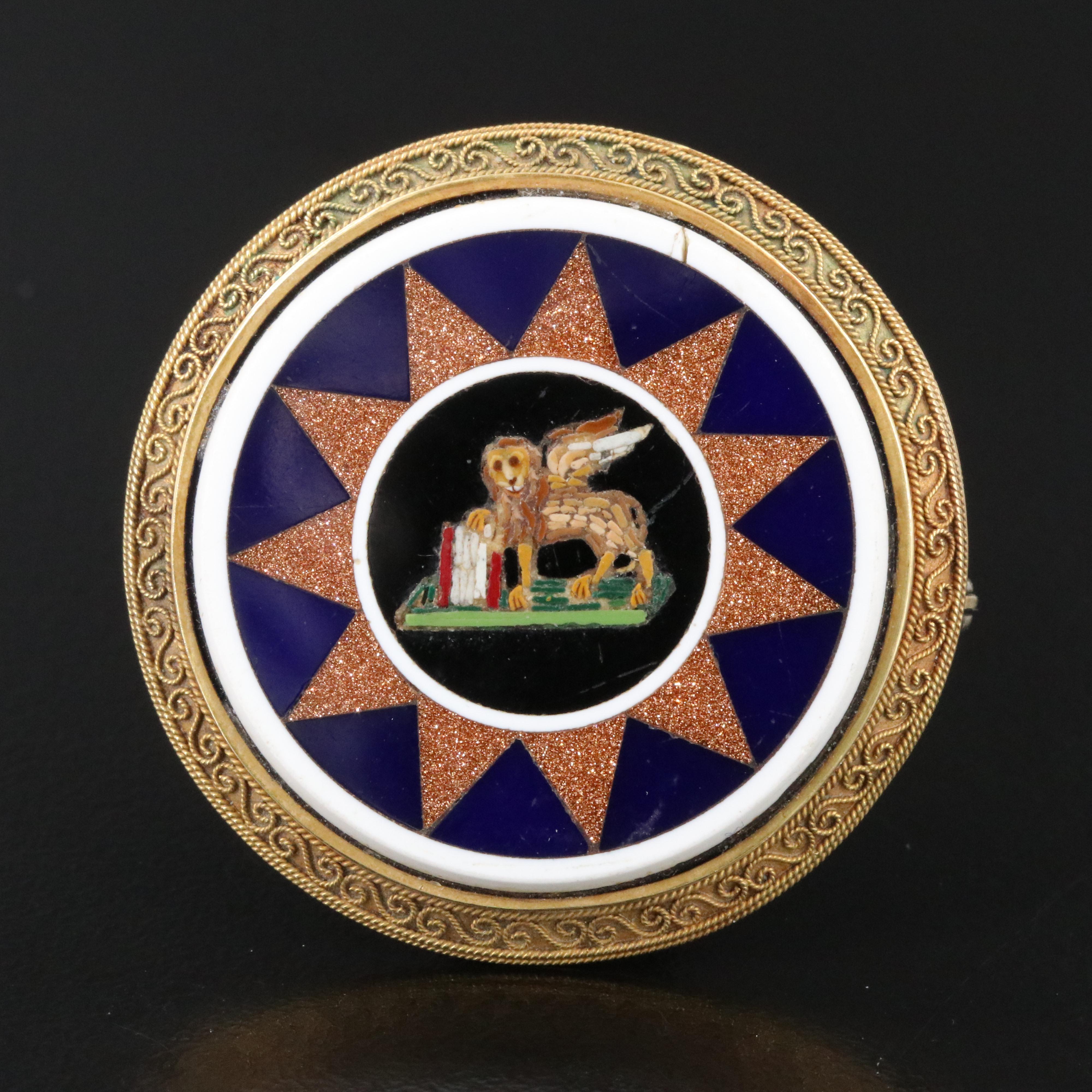 Antique Greco-Roman Revival Glass Micromosaic Winged Lion Brooch