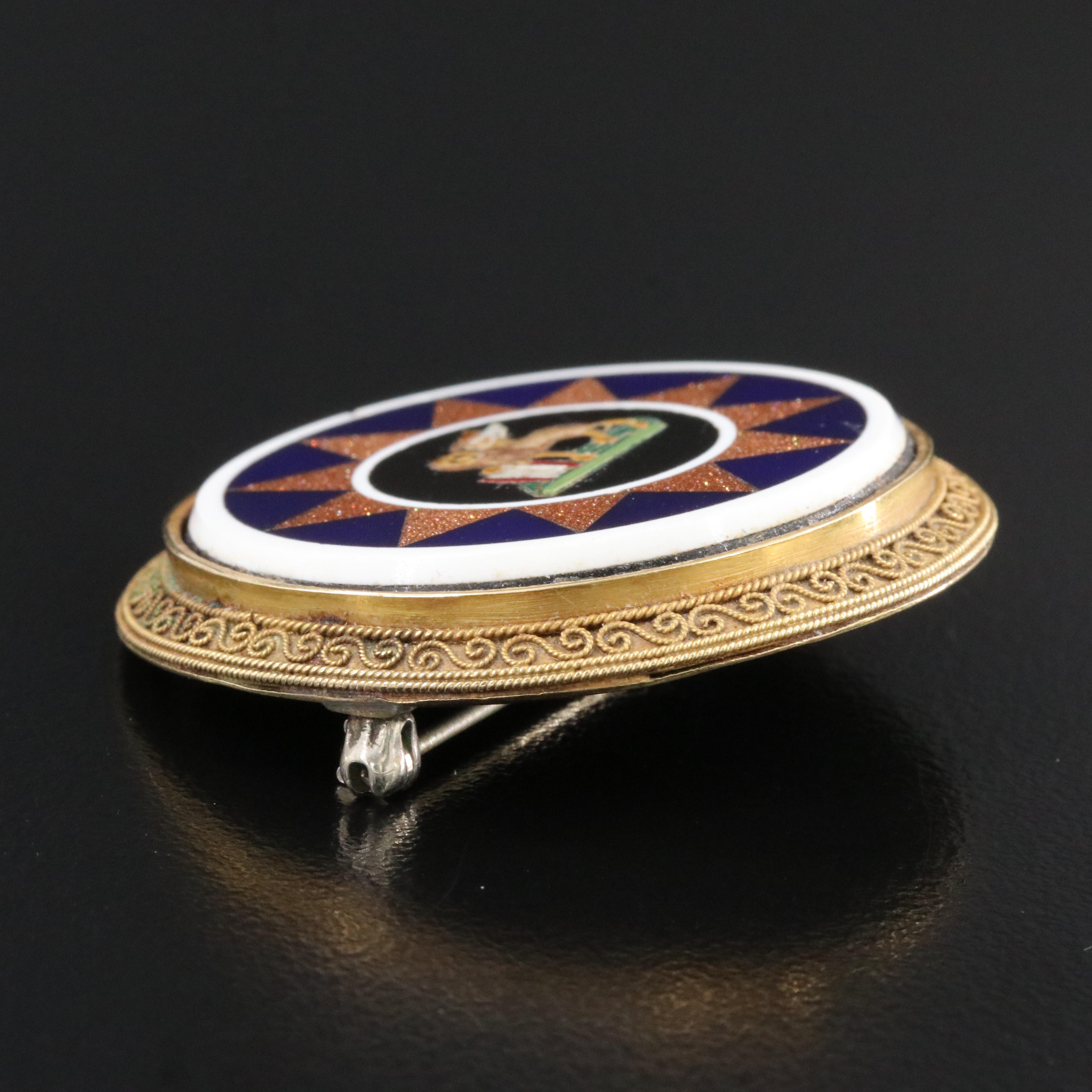 Antique Greco-Roman Revival Glass Micromosaic Winged Lion Brooch