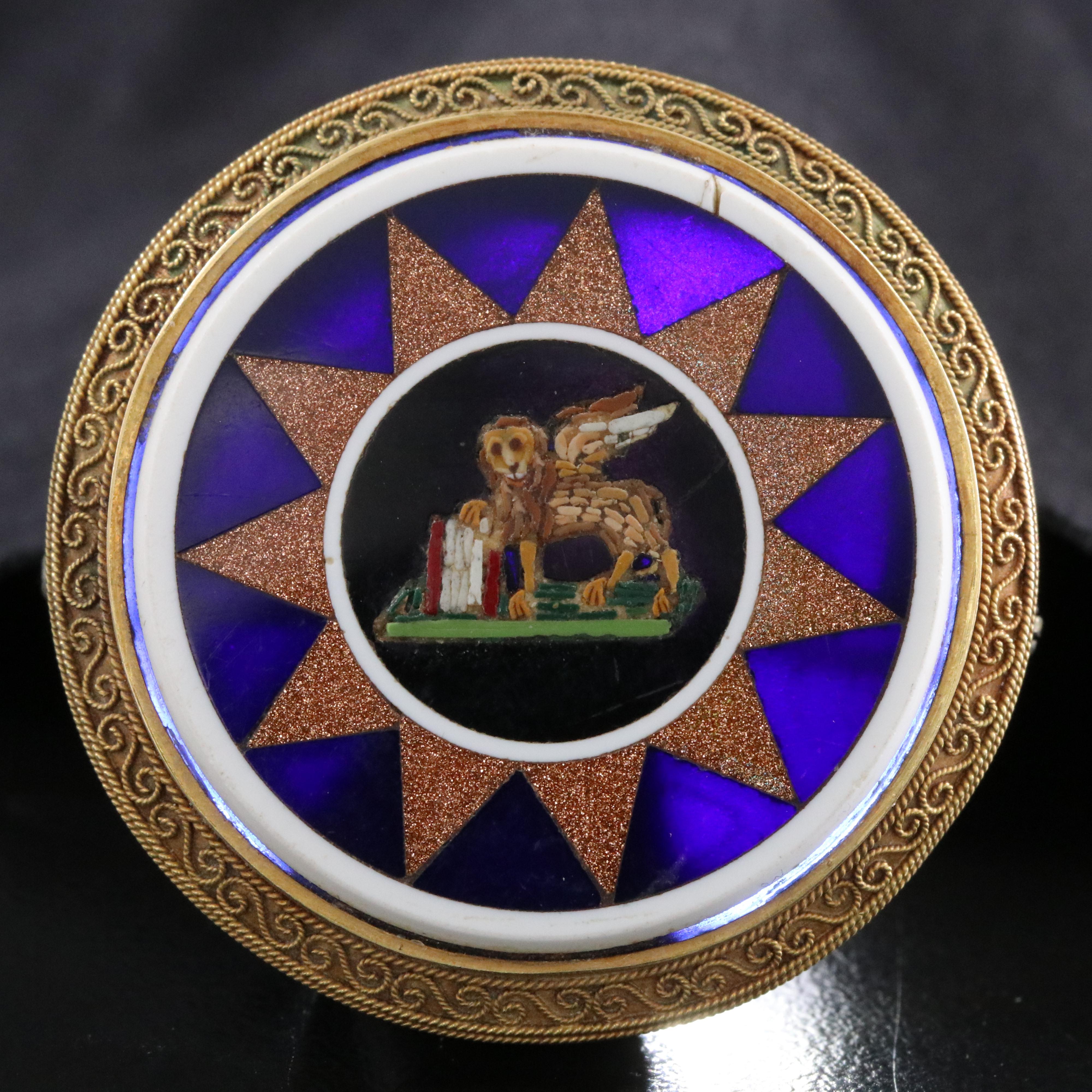 Antique Greco-Roman Revival Glass Micromosaic Winged Lion Brooch