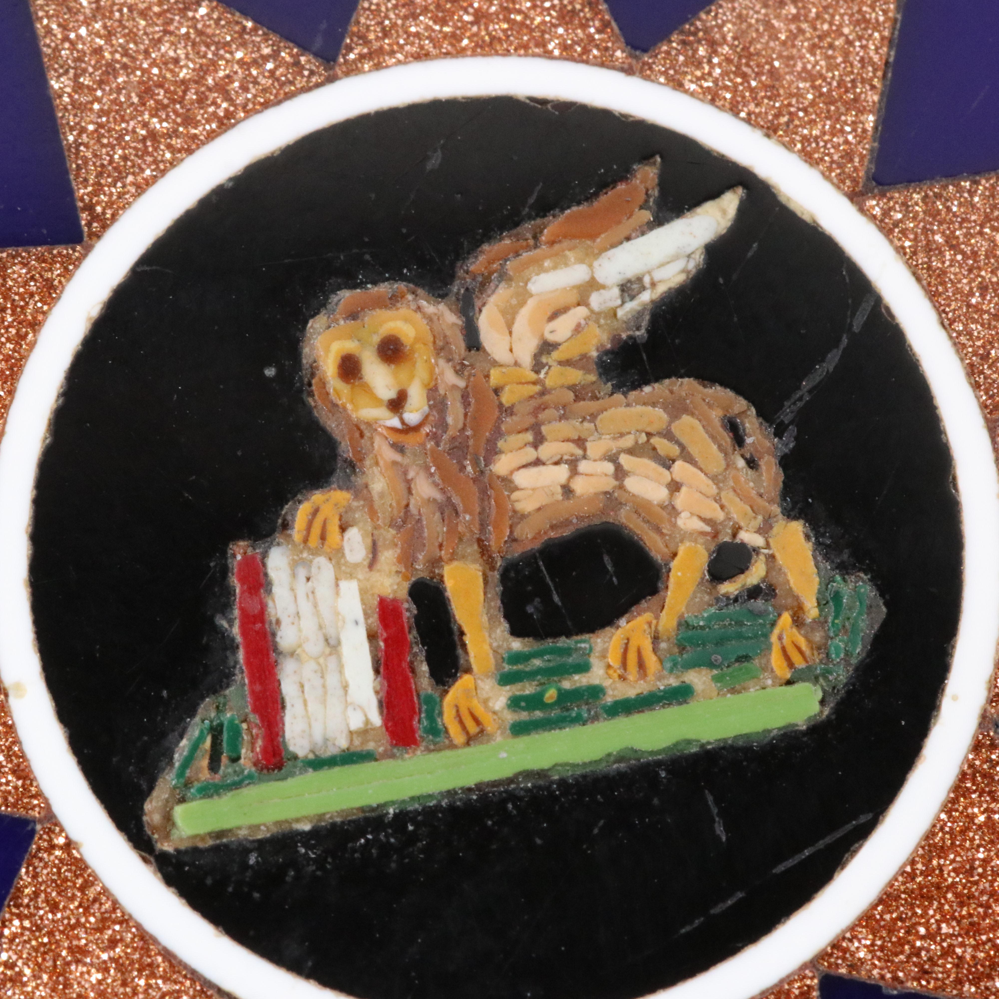 Antique Greco-Roman Revival Glass Micromosaic Winged Lion Brooch