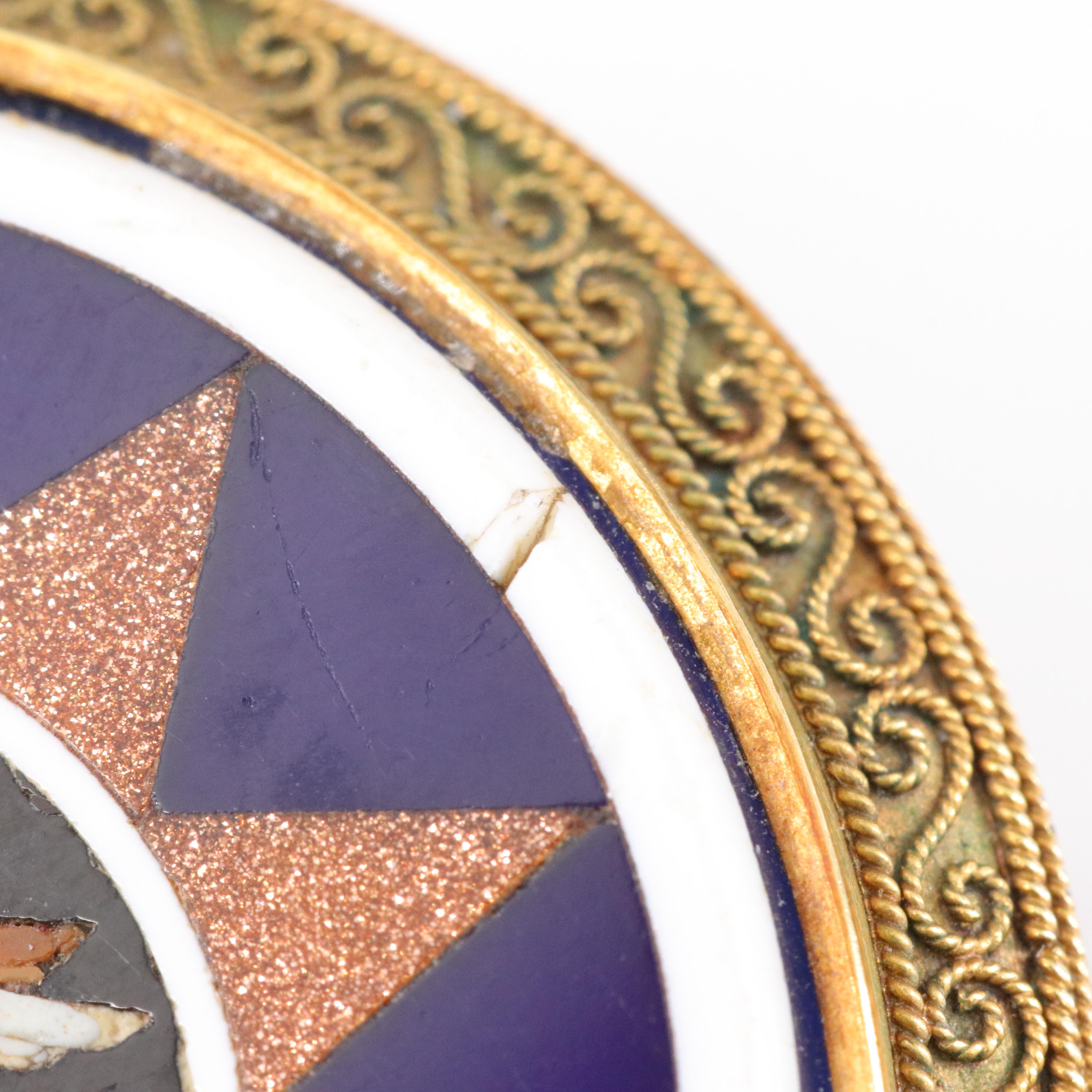 Antique Greco-Roman Revival Glass Micromosaic Winged Lion Brooch