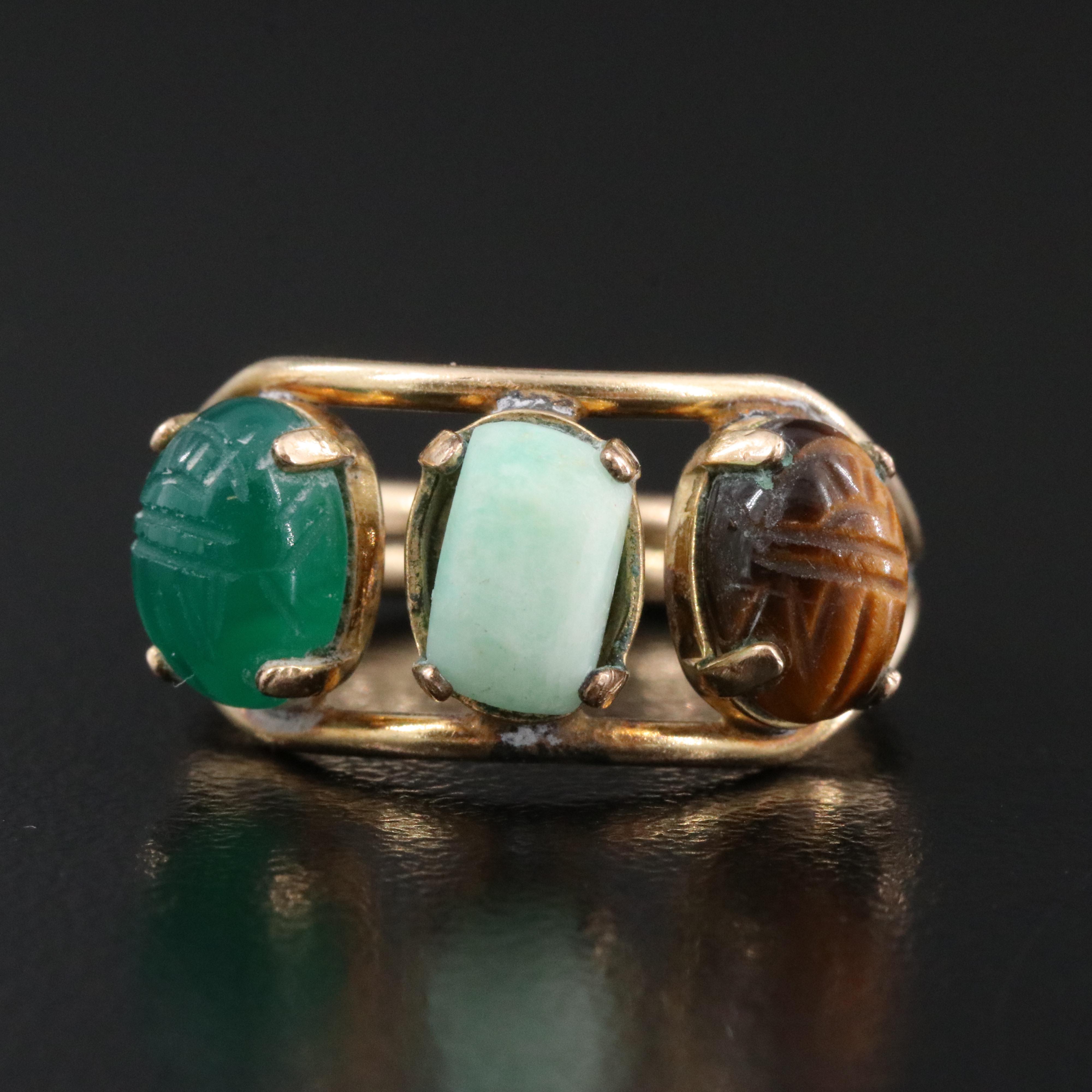 Burt Cassell 12K Gold-Filled Chalcedony, Aquamarine and Tiger's Eye Ring
