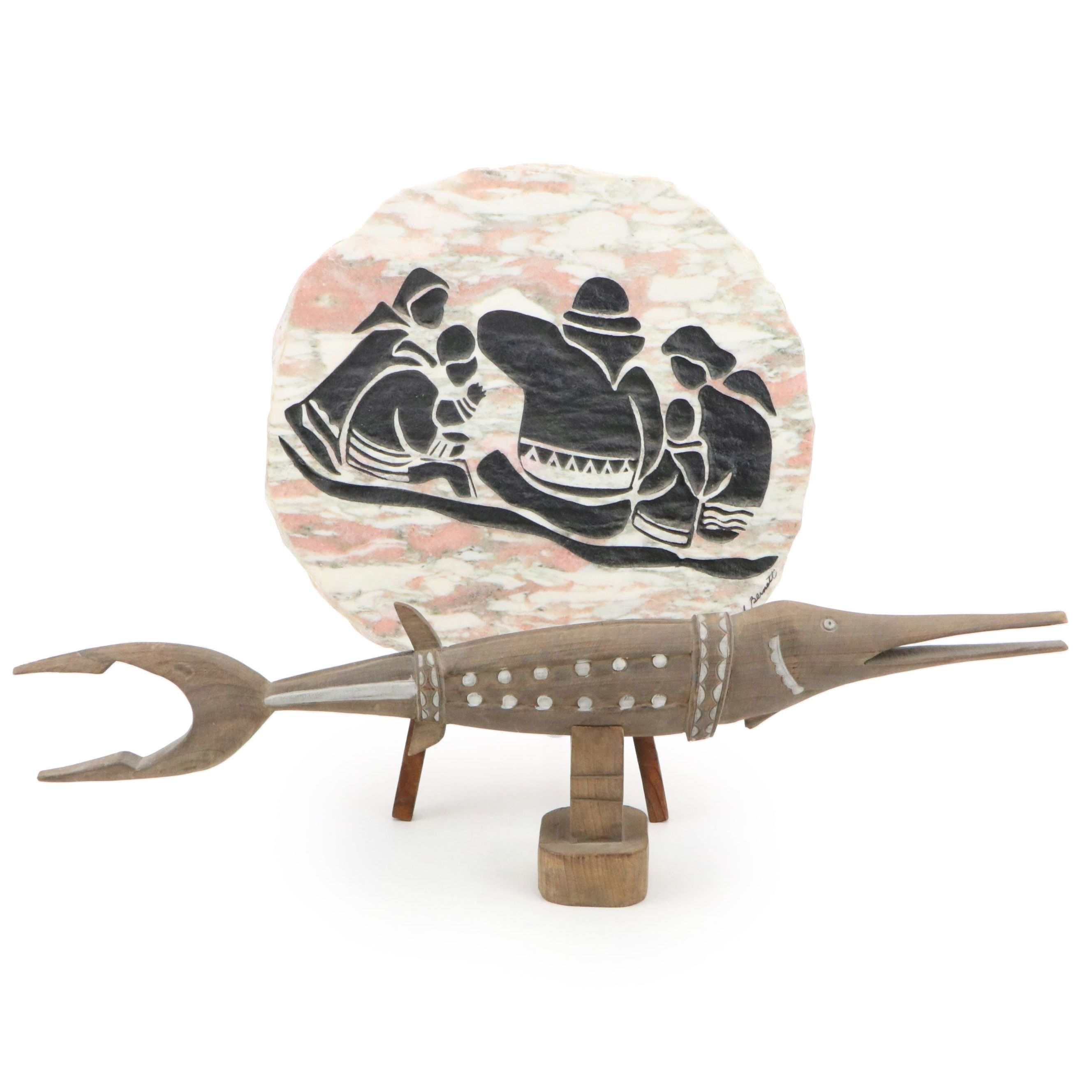 David Bernett Signed Inuit Relief Carved Verona Marble Plaque and Carved Fish