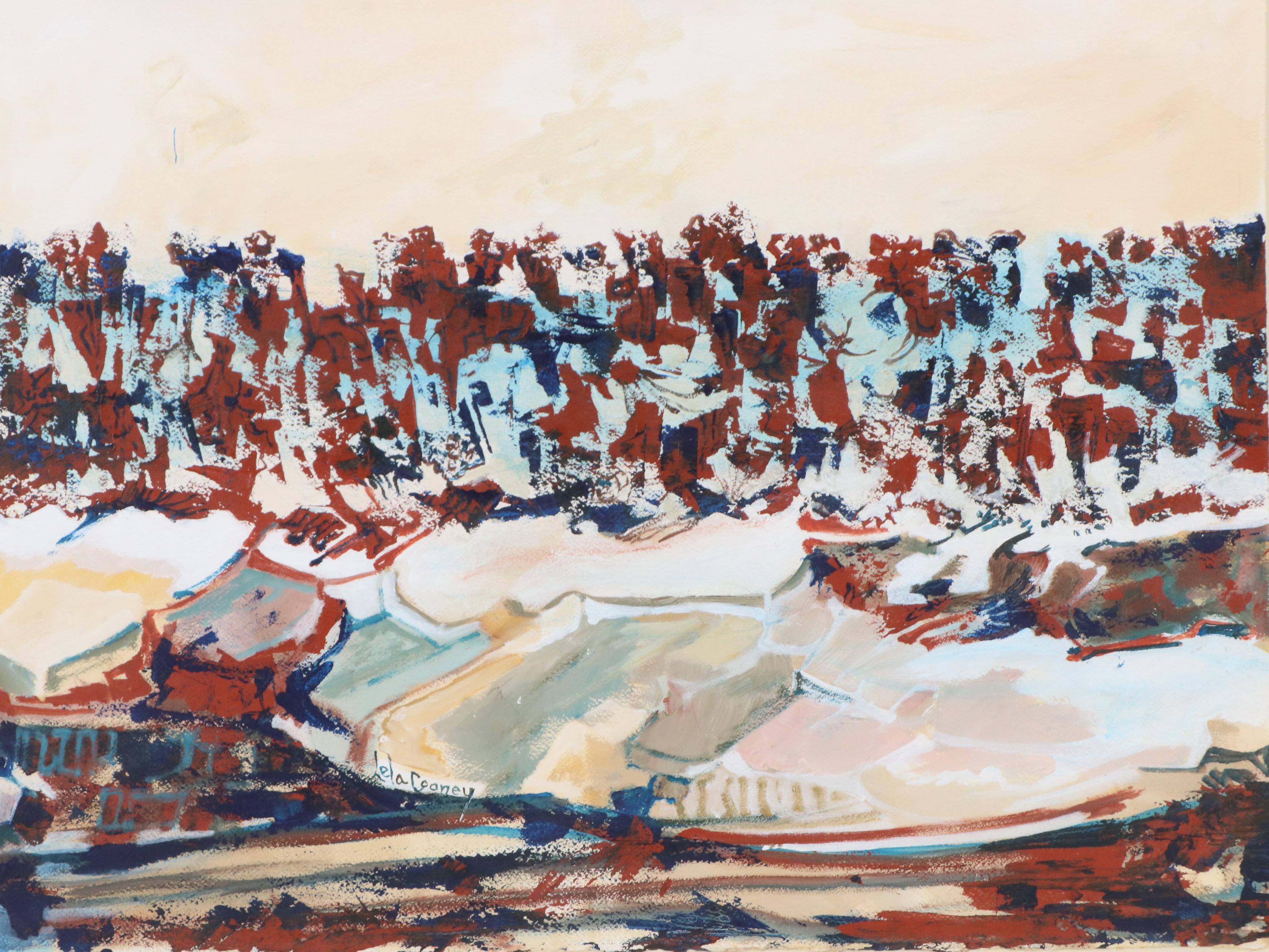 Lela Cooney Abstract Expressionist Style Gouache Painting, Mid-20th Century