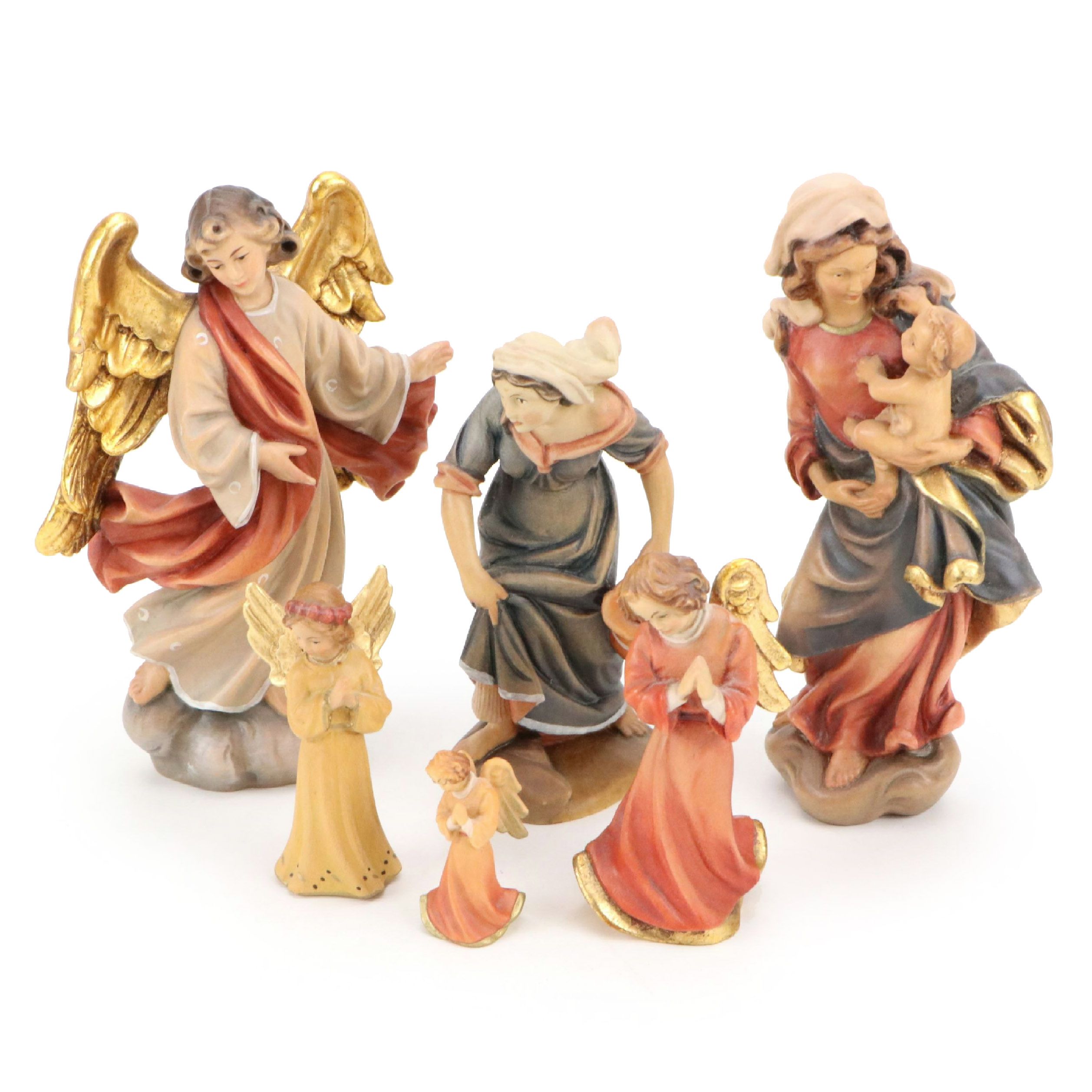 German and Italian Carved Wood Angels with Mary and Child and Woman with Amphora