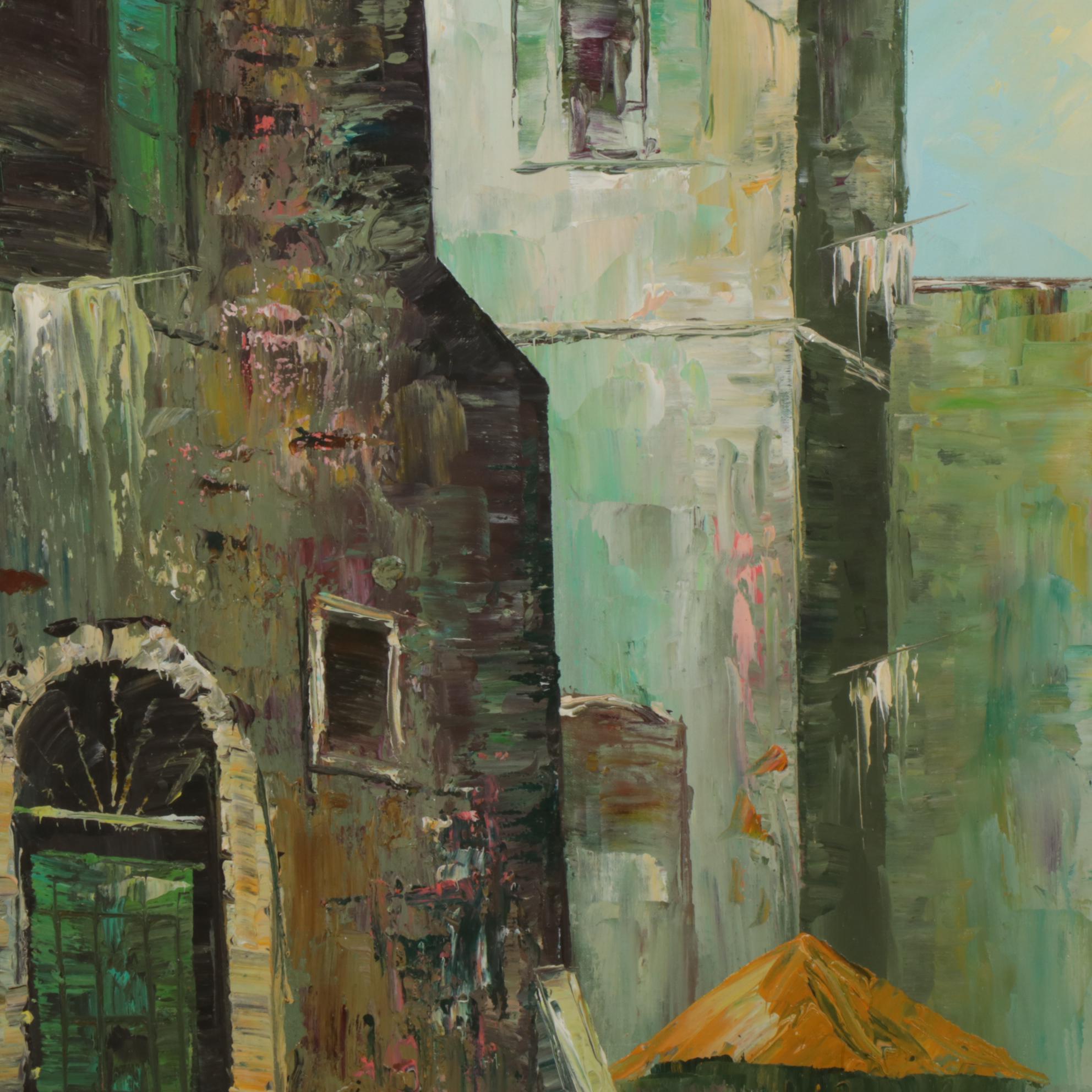 R. Thrower Impressionist Oil Painting of City Markets, Mid to Late 20th Century