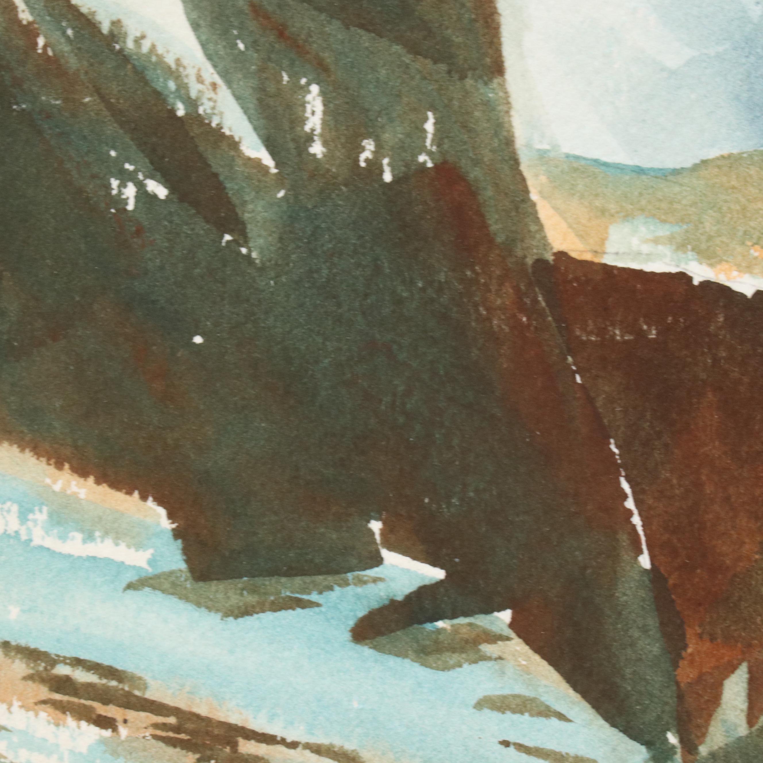 Santell Snowy Mountain Landscape Watercolor Painting