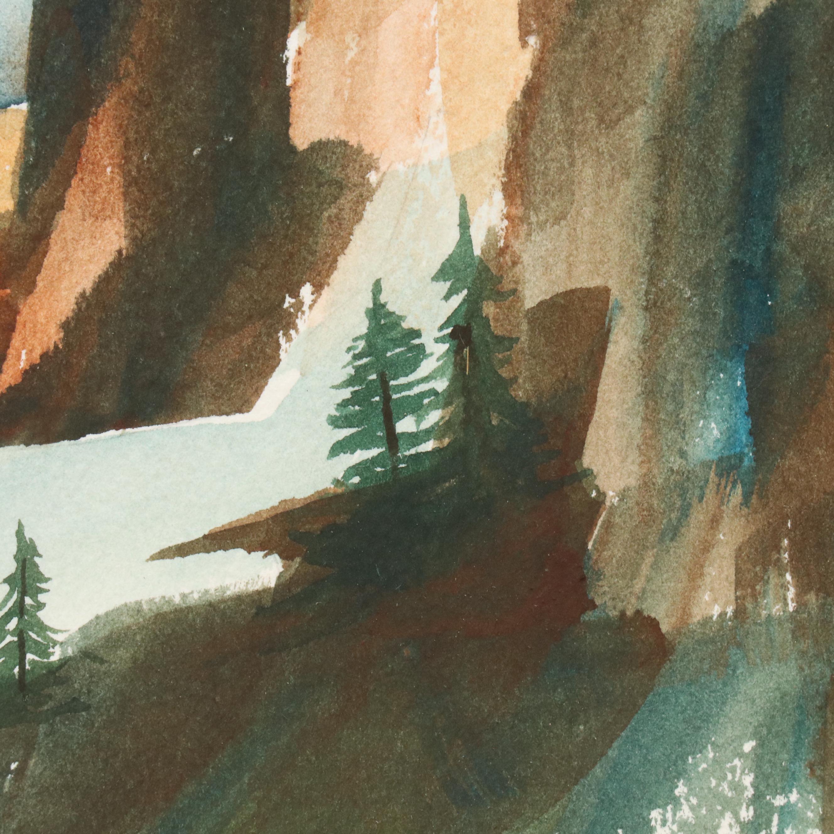Santell Snowy Mountain Landscape Watercolor Painting