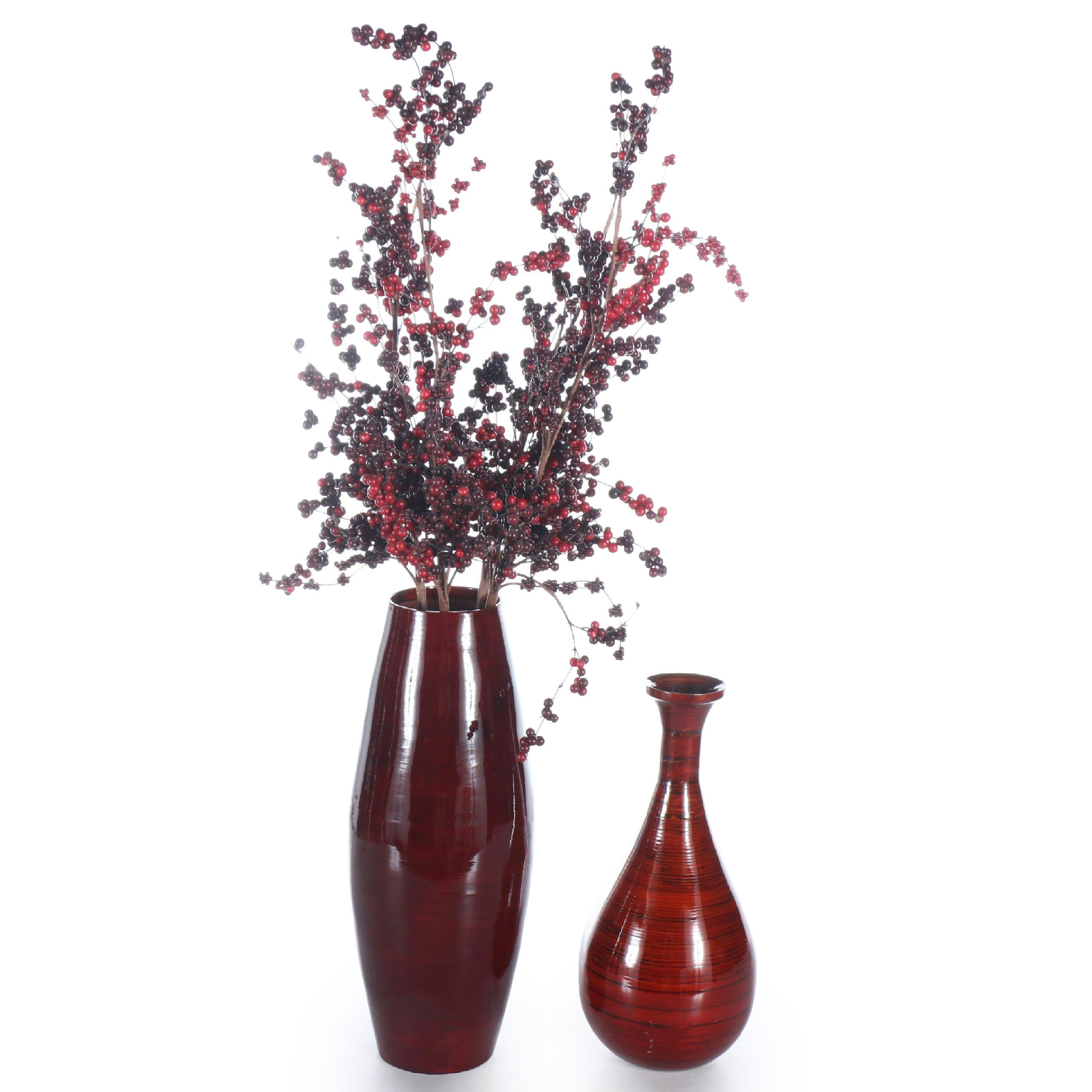 Artificial Berry Plant with Red Bamboo Floor Vases