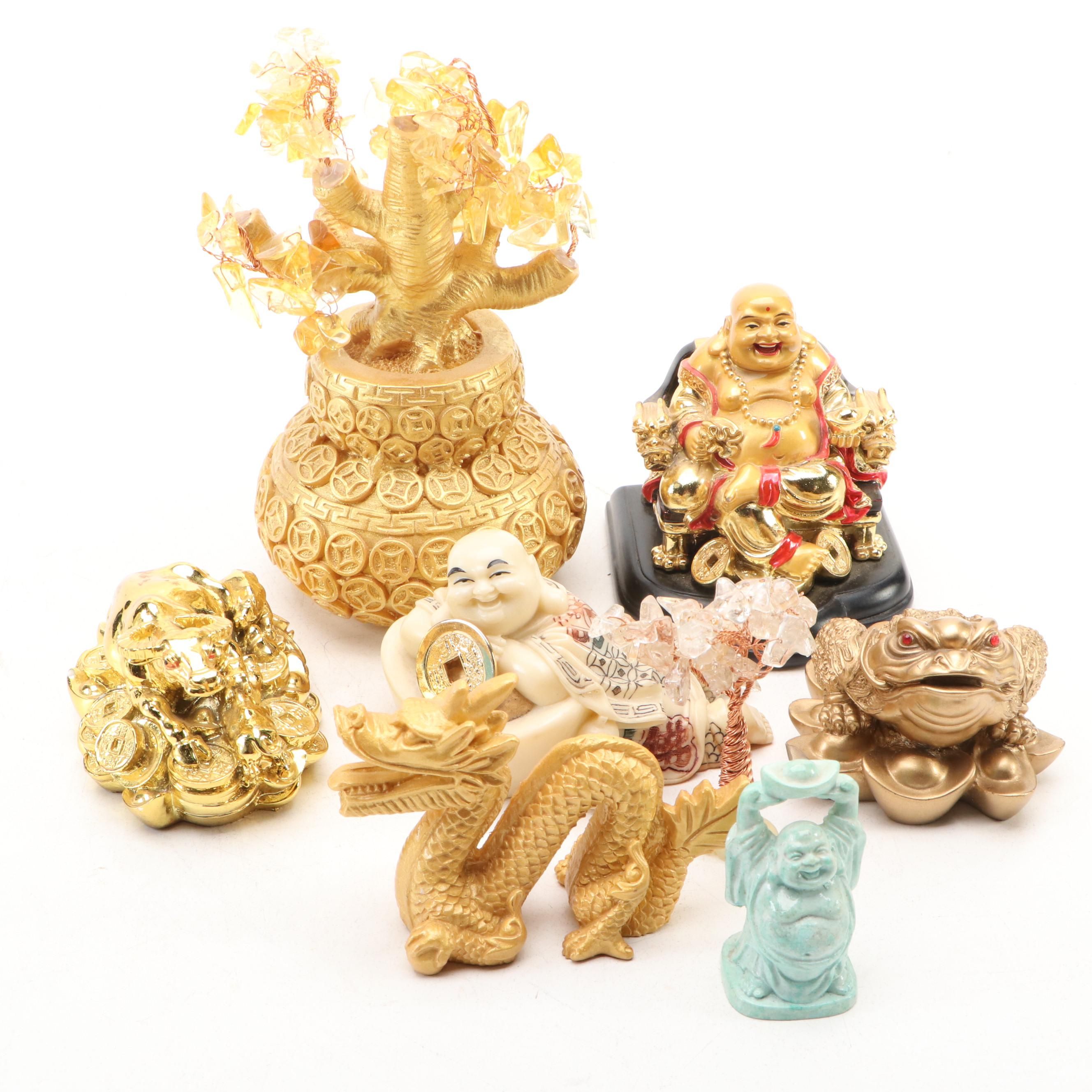 Chinese Resin Buddhas, Dragon, Lucky Frog with Bonsai and More