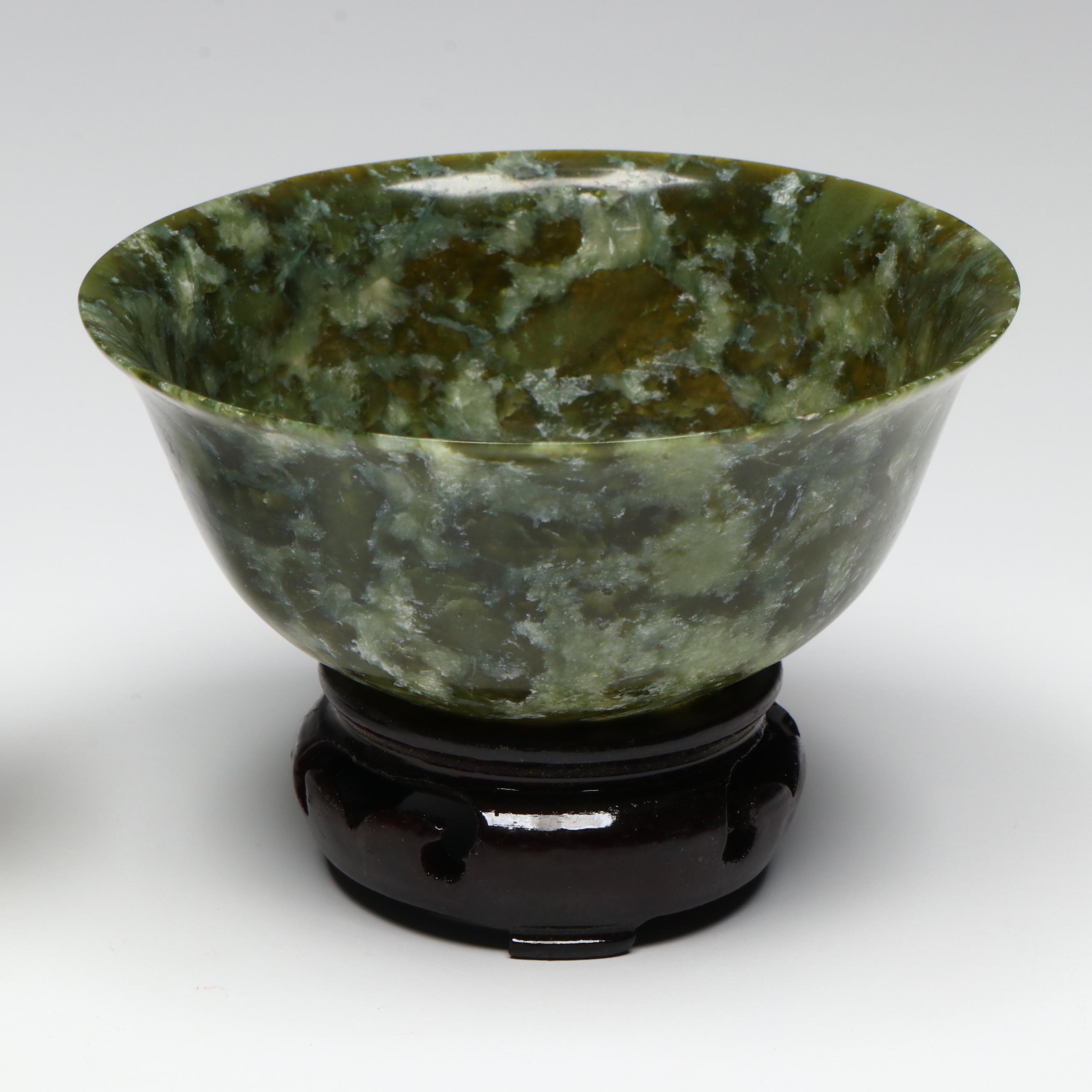 Pair of Chinese Carved Serpentine Bowls on Wooden Stands