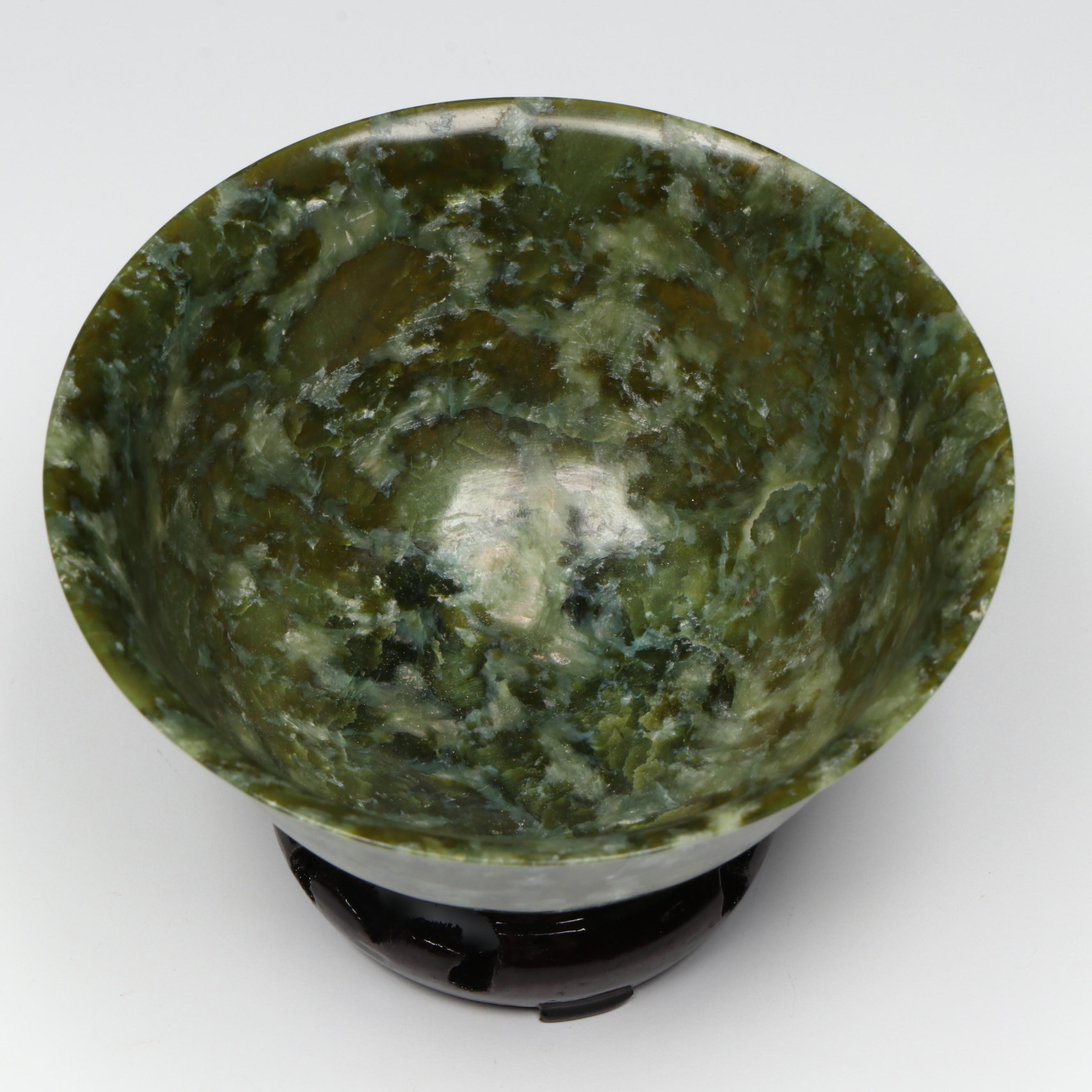 Pair of Chinese Carved Serpentine Bowls on Wooden Stands