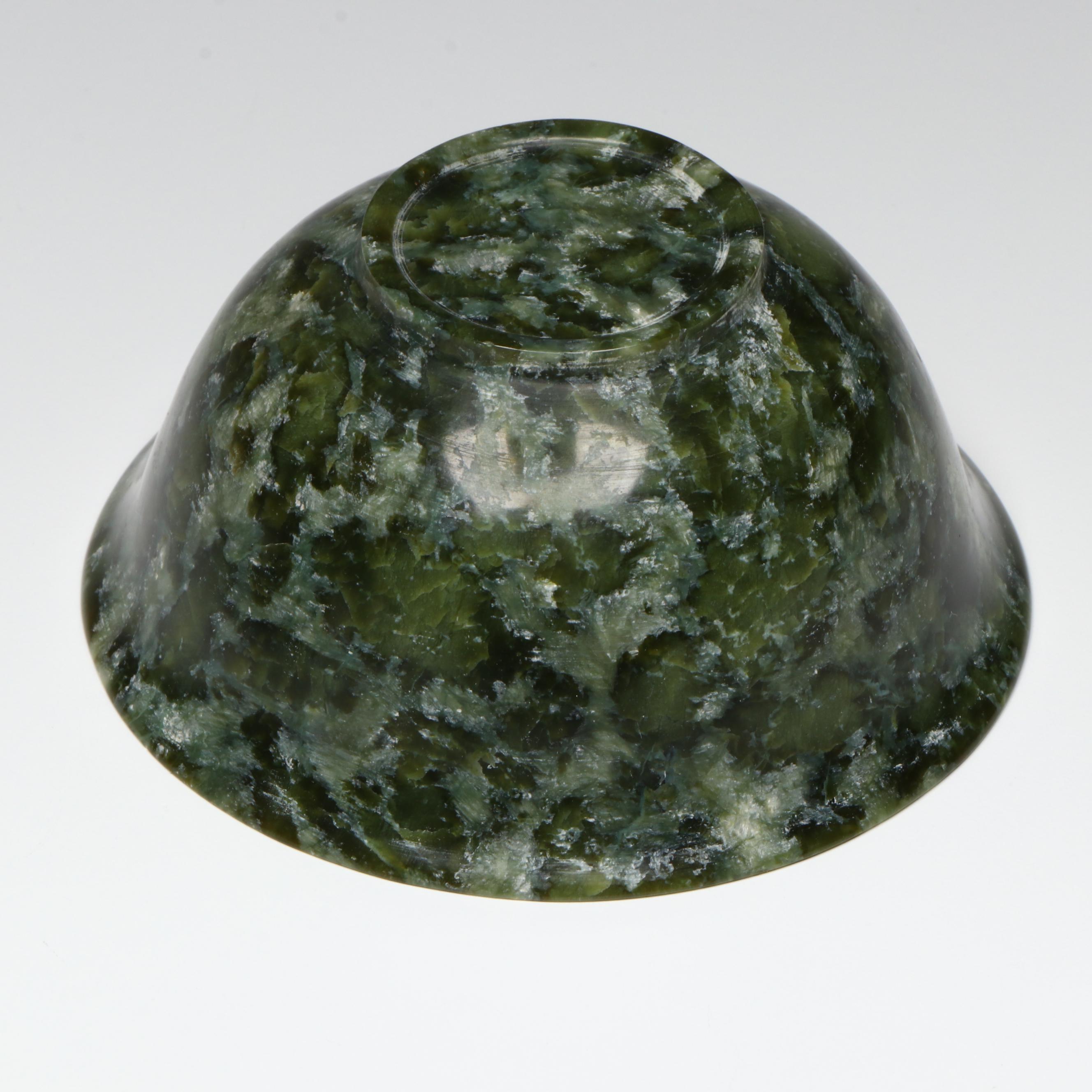 Pair of Chinese Carved Serpentine Bowls on Wooden Stands