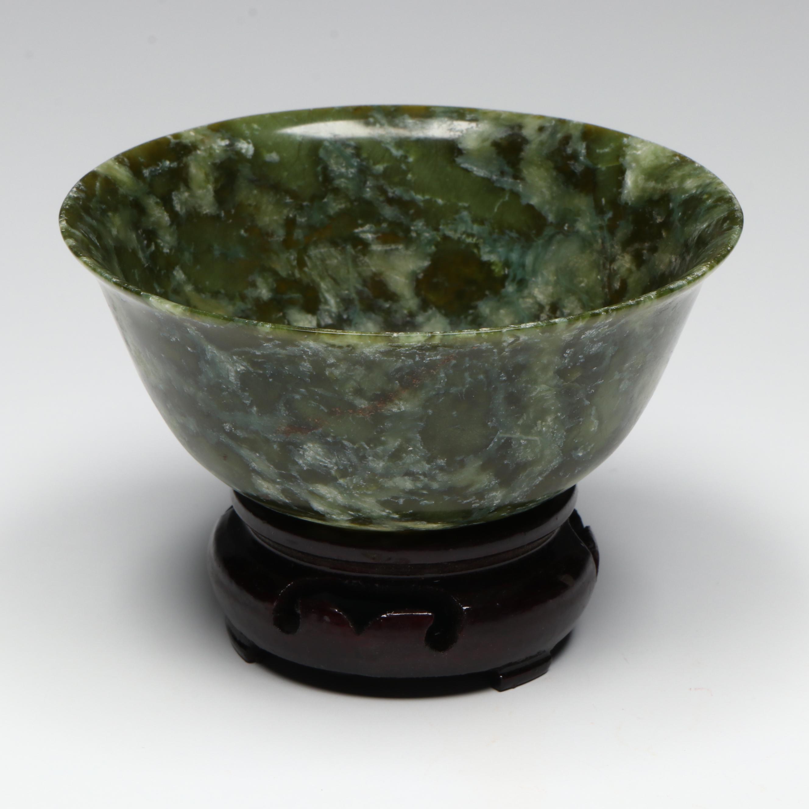 Pair of Chinese Carved Serpentine Bowls on Wooden Stands