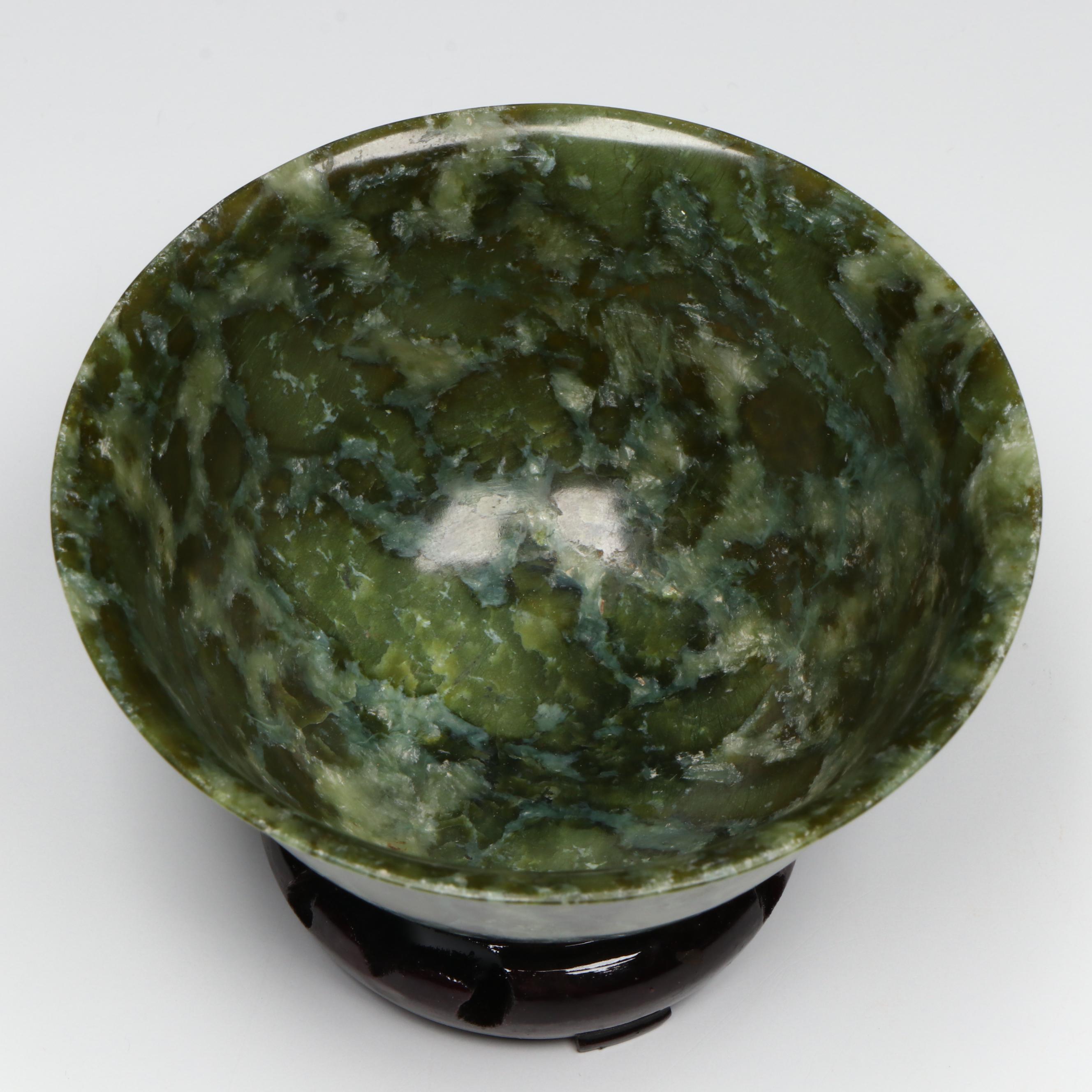 Pair of Chinese Carved Serpentine Bowls on Wooden Stands
