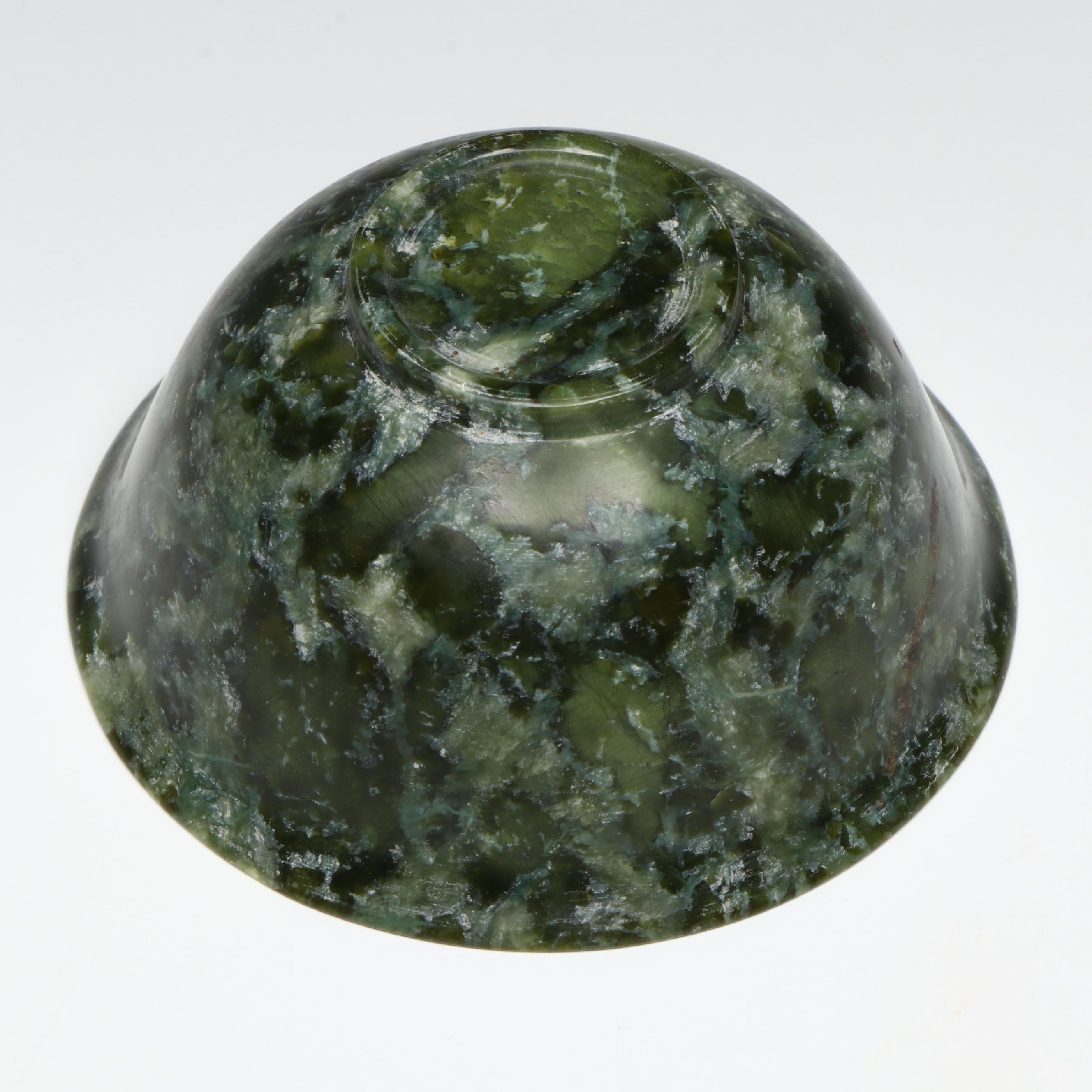 Pair of Chinese Carved Serpentine Bowls on Wooden Stands