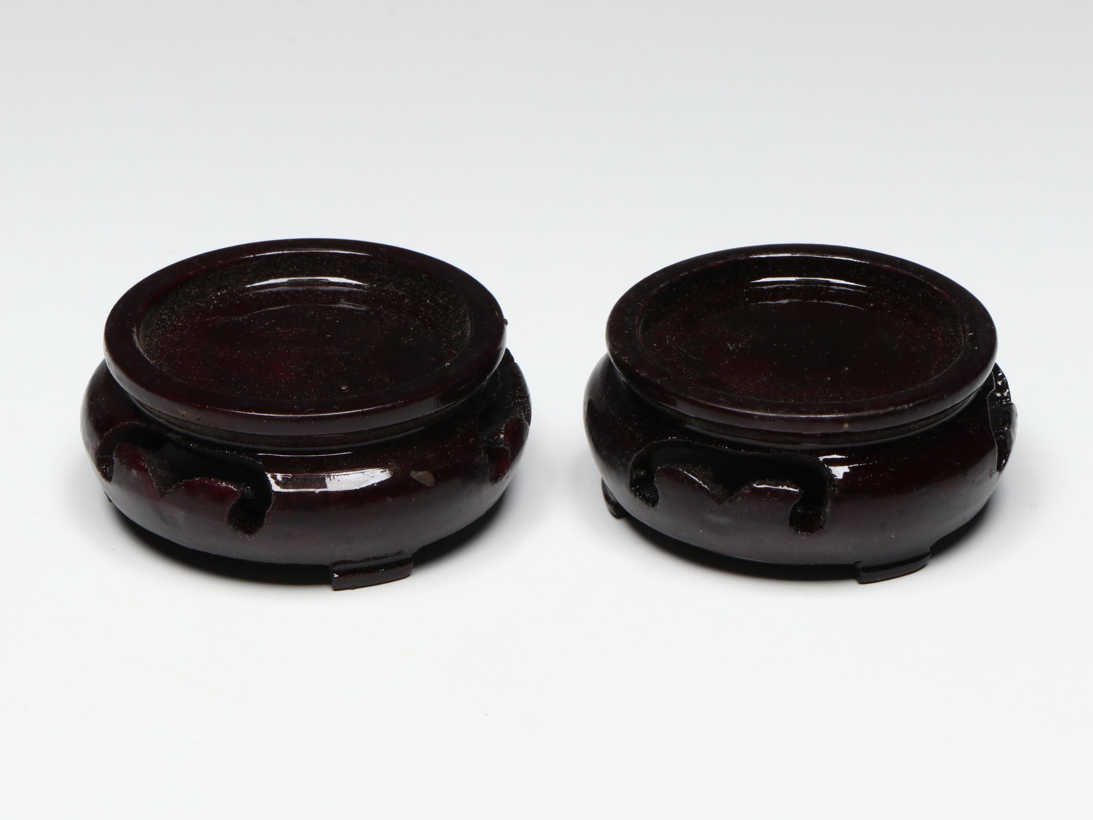 Pair of Chinese Carved Serpentine Bowls on Wooden Stands