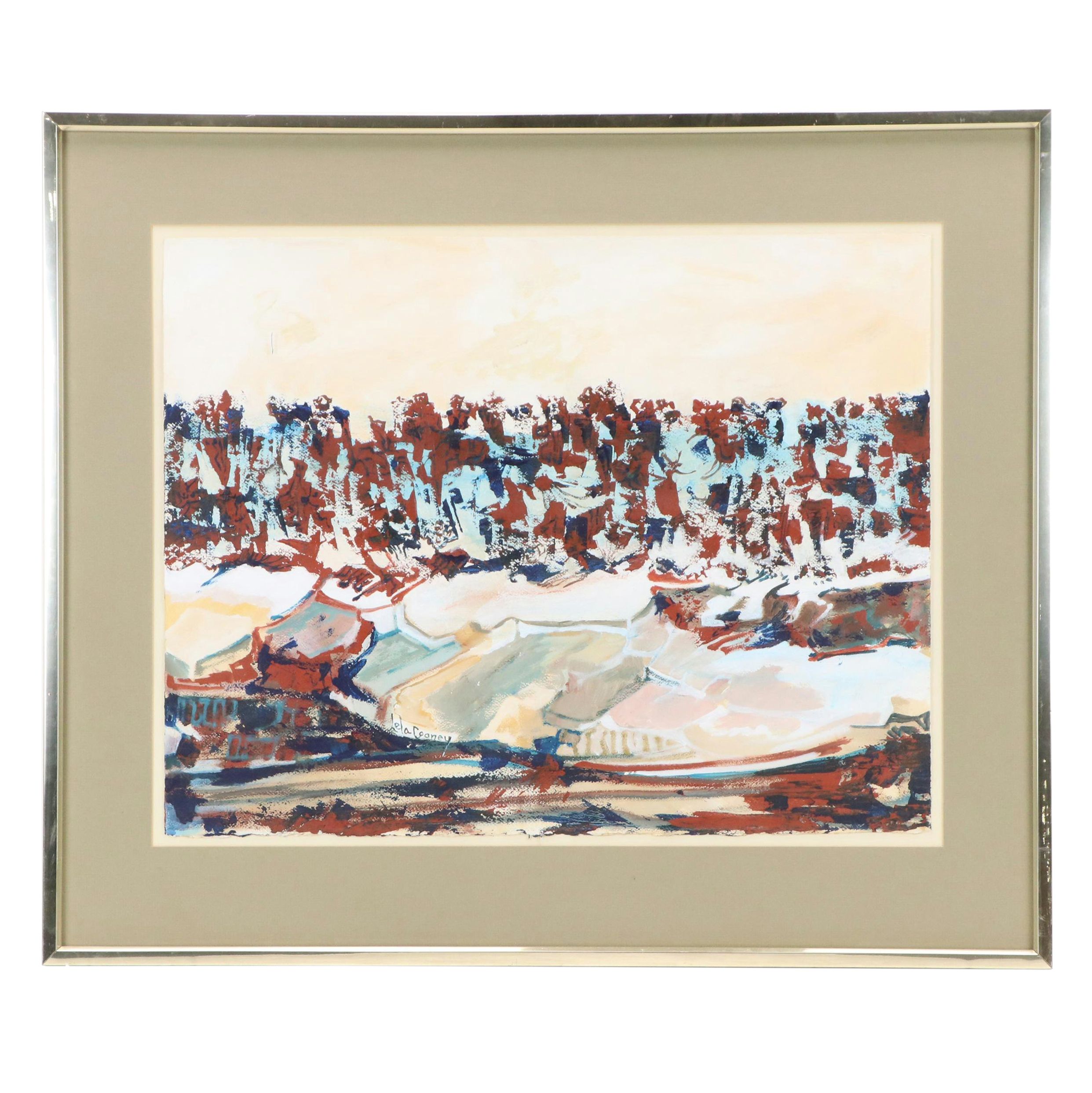 Lela Cooney Abstract Expressionist Style Gouache Painting, Mid-20th Century