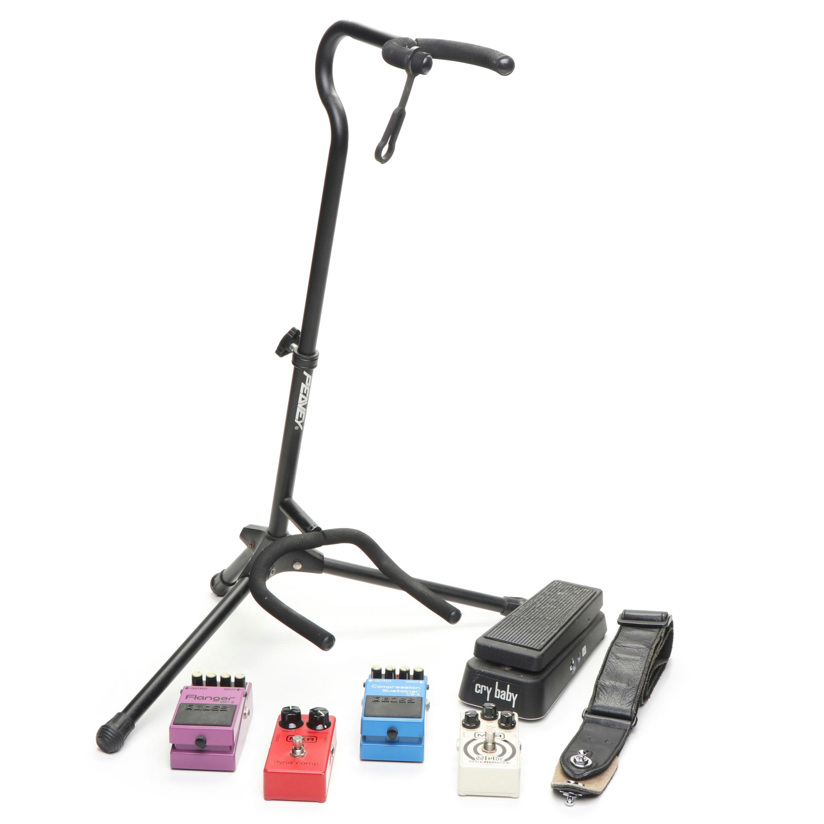 Peavey Guitar Stand with Boss Guitar Pedals, Guitar Strap