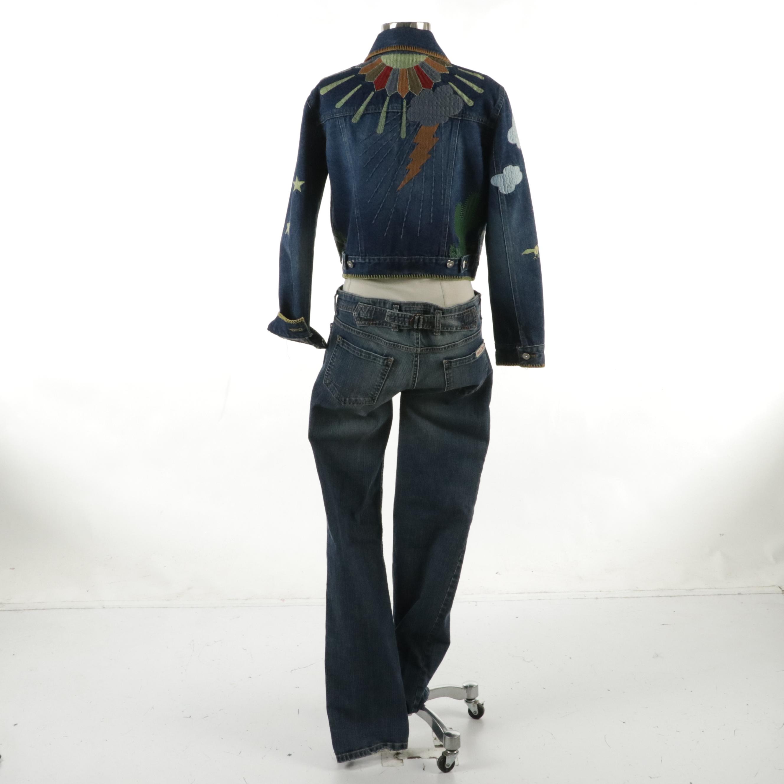 See by Chloé Embroidered Blue Denim Jean Jacket and Blue Denim Jeans