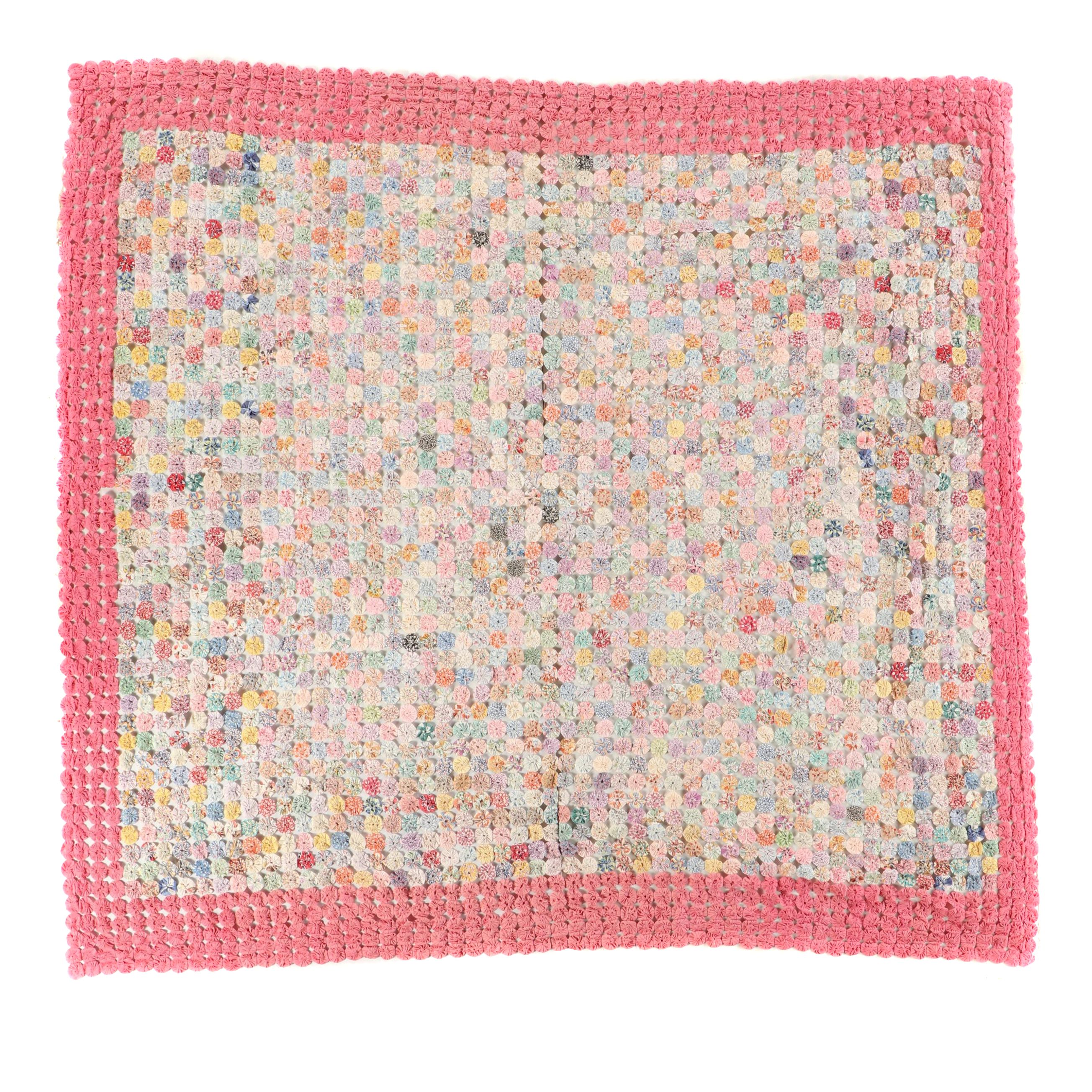 Handmade "Yo-Yo" Pieced Cotton Quilt, 20th Century