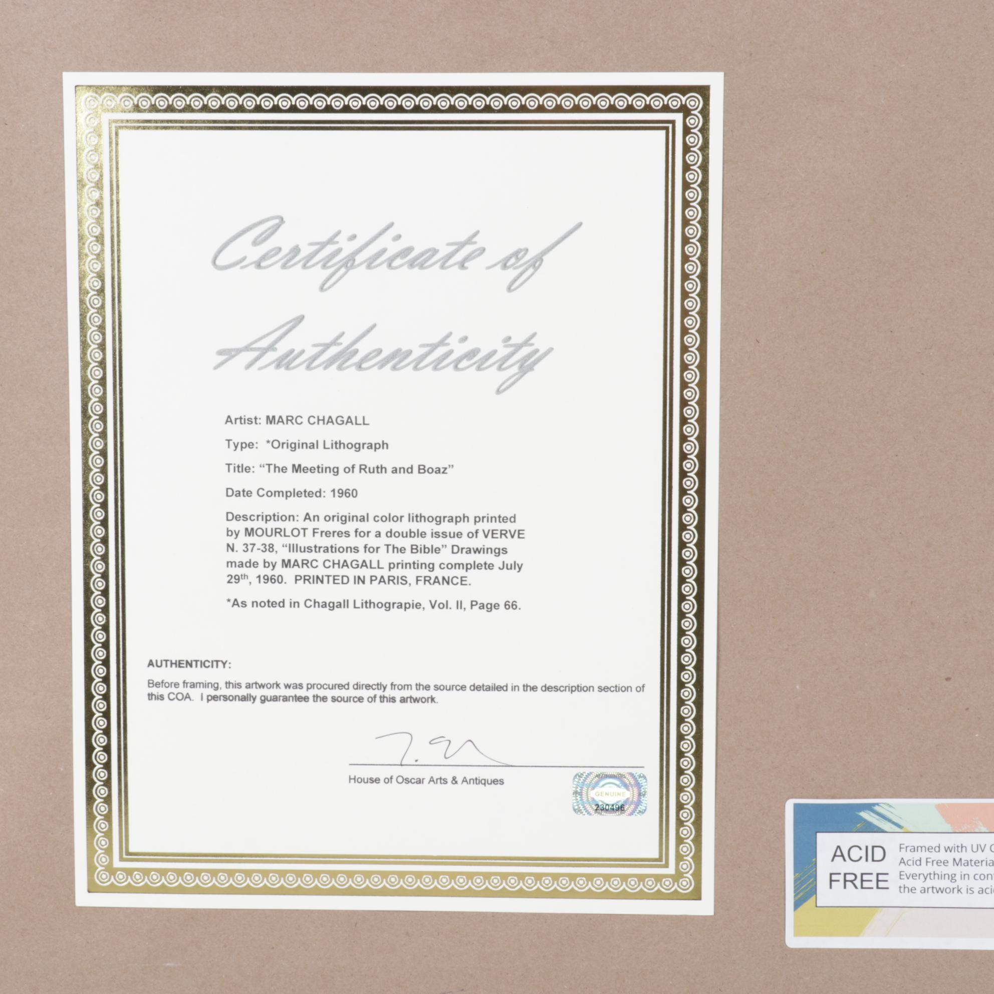 Marc Chagall Color Lithograph "Rencontre de Ruth et Boaz" From "Verve," 1960