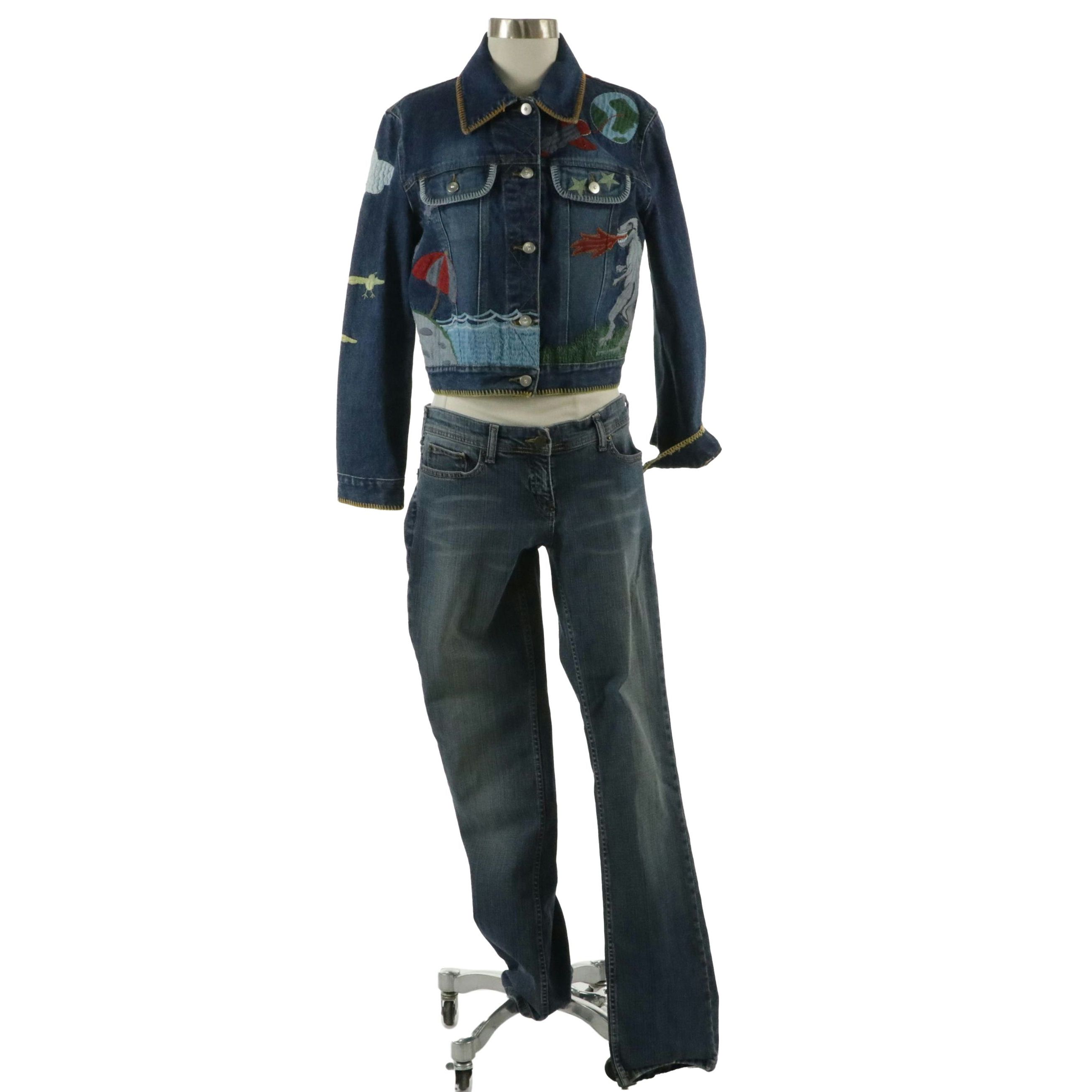 See by Chloé Embroidered Blue Denim Jean Jacket and Blue Denim Jeans
