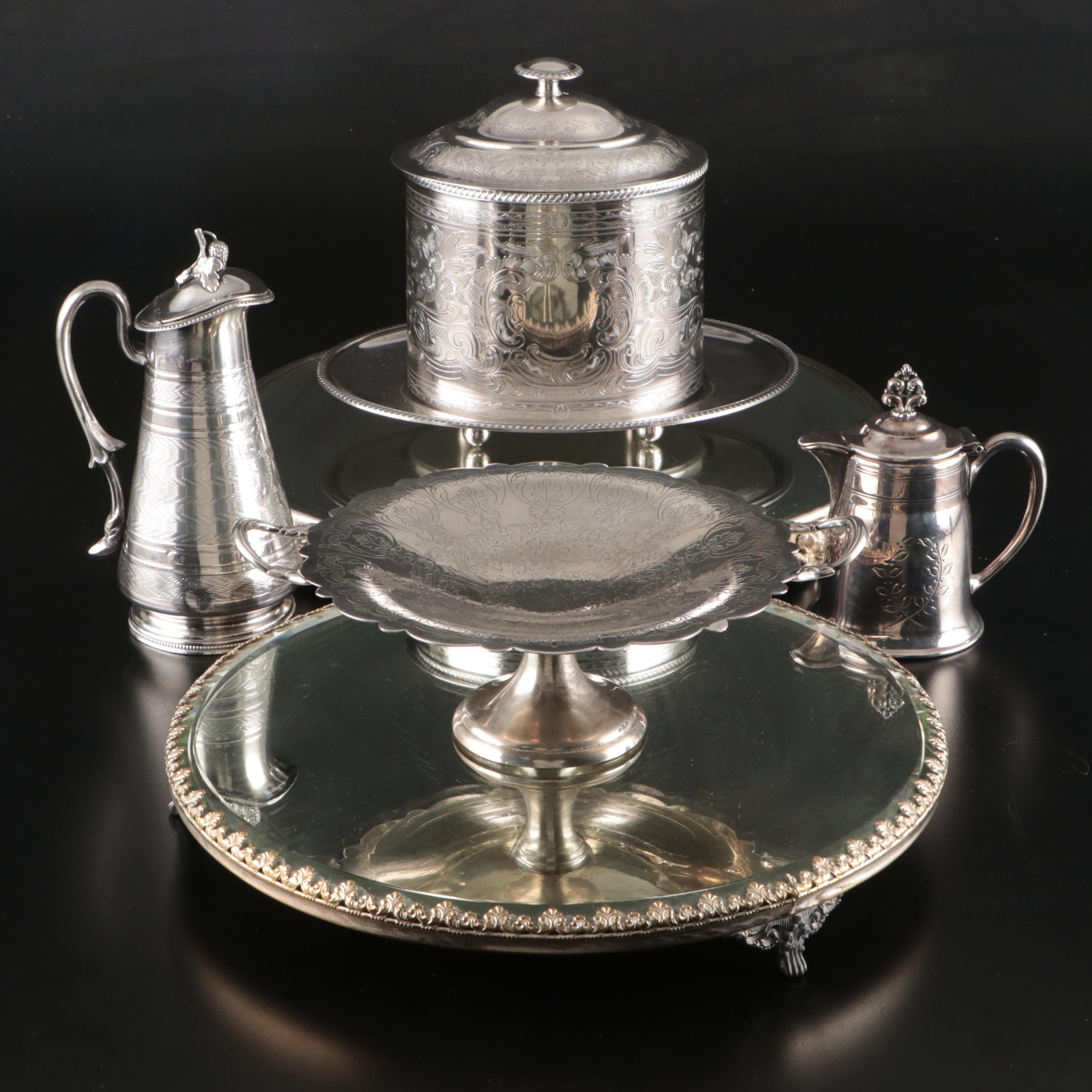 Victorian Styled Mirrored Plateaus with Other Silver Plate Tableware