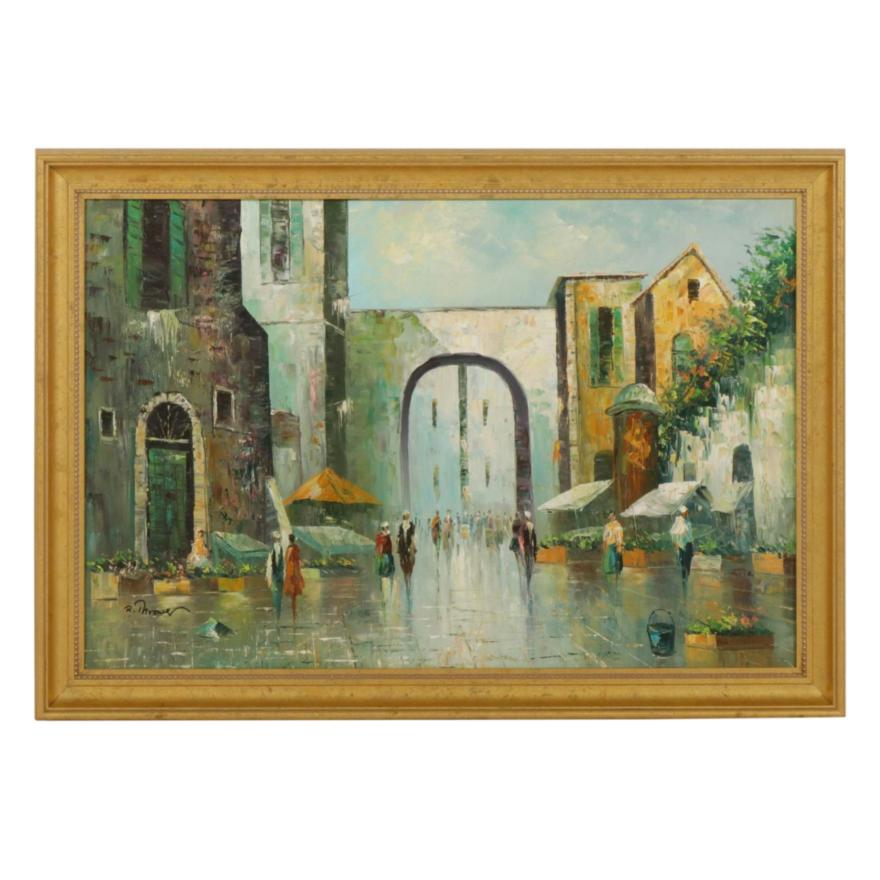 R. Thrower Impressionist Oil Painting of City Markets, Mid to Late 20th Century