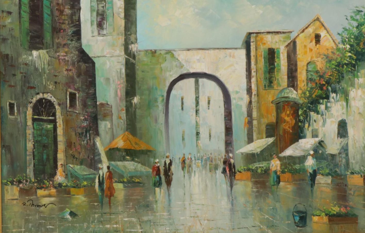 R. Thrower Impressionist Oil Painting of City Markets, Mid to Late 20th Century