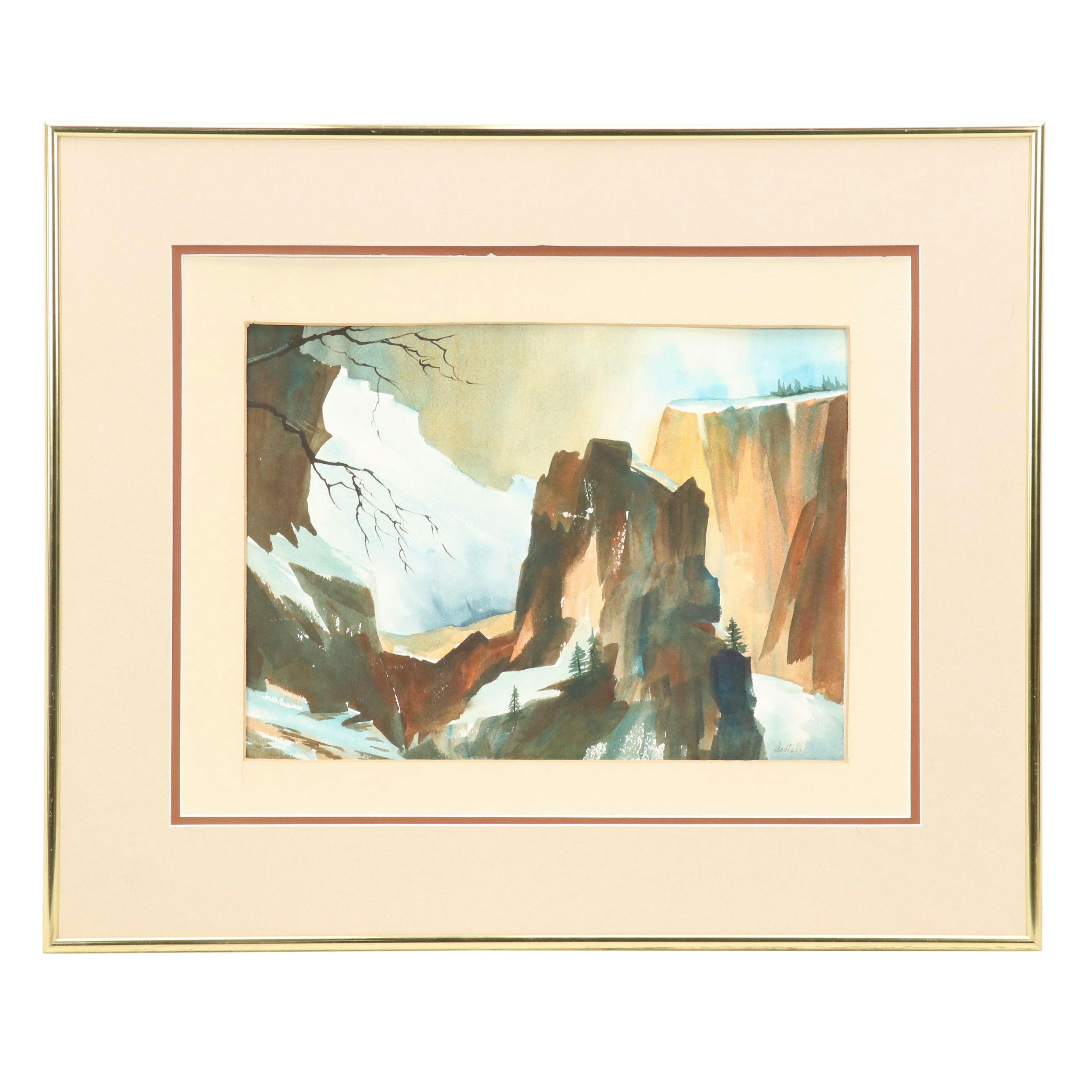 Santell Snowy Mountain Landscape Watercolor Painting