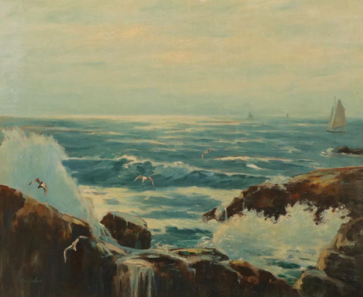 George Herbert Baker Impressionist Oil Painting of Cerulean Crashing Waves